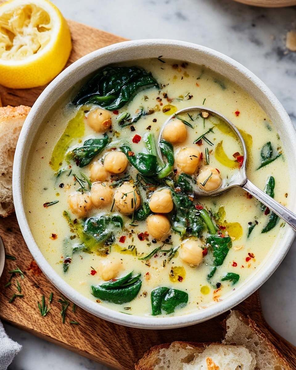 The image shows a bowl of creamy soup in a white bowl, placed on a wooden board with a lemon wedge on the side. The soup has a light yellowish creamy layer filled with several chickpeas scattered around, soft green spinach leaves floating on top, and some olive oil droplets adding shiny yellow patches. A silver spoon is inside the soup, lifting some of the chickpeas, spinach, and broth. Red pepper flakes and some fine herbs are sprinkled on the soup surface for texture and color contrast. The background is a white marbled texture with some torn soft bread pieces near the bowl. Photo taken with an iphone --ar 4:5 --v 7