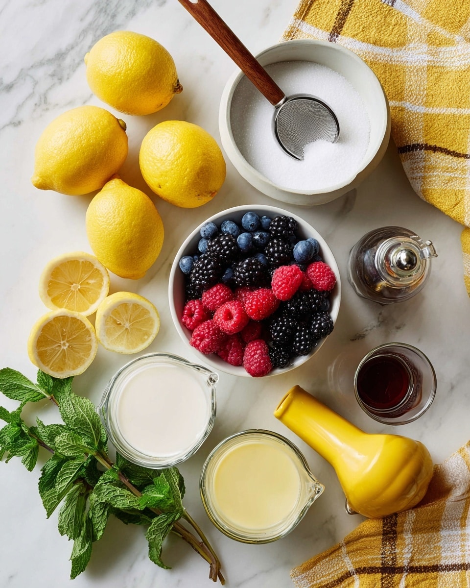 The image shows a top view of a white marbled surface with various ingredients neatly arranged. In the center is a white bowl filled with fresh mixed berries including red raspberries, blackberries, and blueberries. Above it, there are two glass measuring cups filled with white and yellow liquids, likely cream and lemon juice. To the left, there are six whole bright yellow lemons and one lemon cut in half showing its juicy interior. A white bowl with white granulated sugar sits above the lemons, holding a metal measuring cup with a wooden handle. Near the sugar bowl, there is a yellow metal lemon squeezer and a small clear glass container of dark vanilla extract. A bunch of fresh green mint leaves is placed at the bottom left corner, and a yellow plaid cloth is seen in the top right corner. The colors are bright and fresh, and the setting is clean and organized, photo taken with an iphone --ar 4:5 --v 7