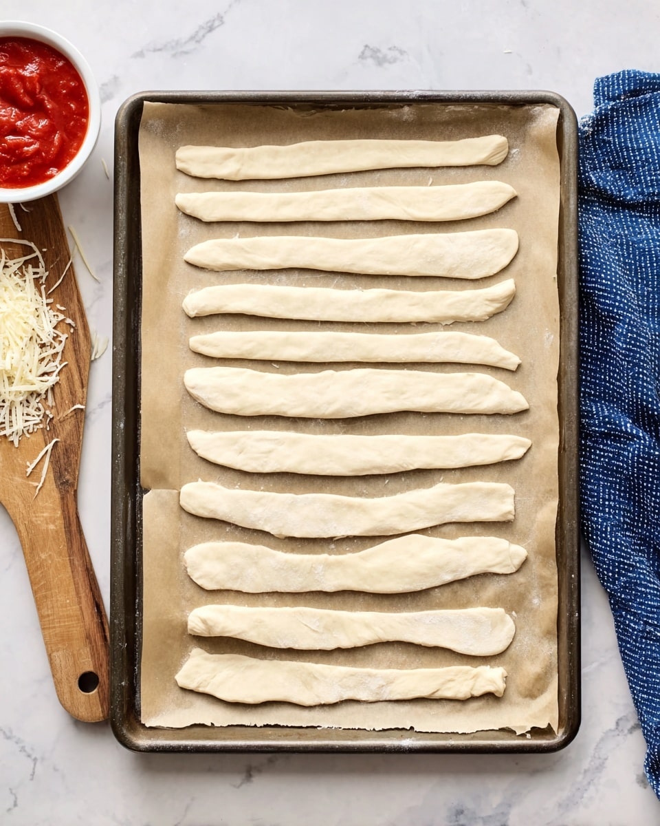 A baking tray lined with parchment paper holds eight raw dough strips arranged horizontally in two uneven groups, with the top group having four strips and the bottom group having four strips. The dough strips vary in length and width and have a pale beige color with a smooth and slightly wrinkled texture. The tray is placed on a white marbled surface, next to a wooden cutting board with a small white bowl of red tomato sauce and some grated cheese. A blue textured cloth is partially visible on the right side. photo taken with an iphone --ar 4:5 --v 7