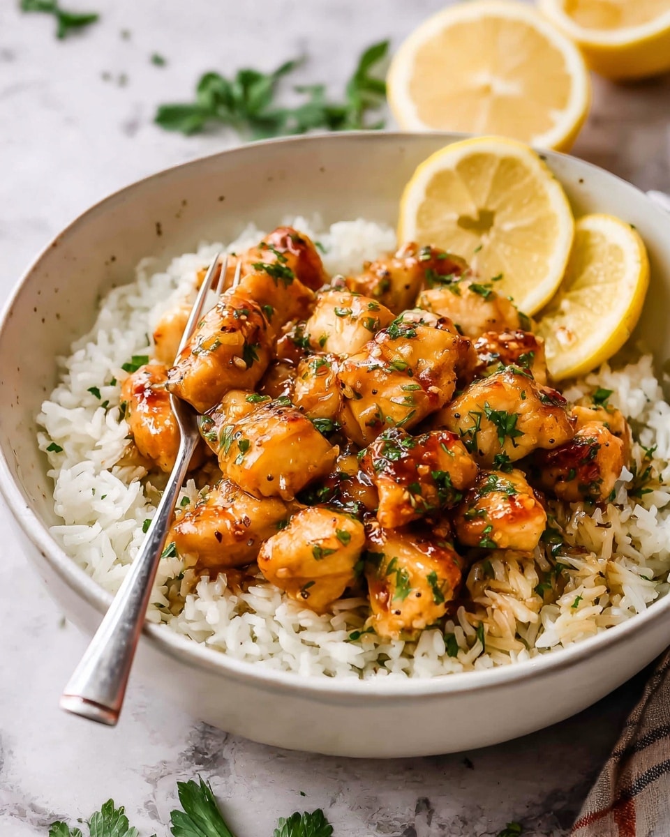 A white bowl filled with a base layer of fluffy white rice, topped with a layer of golden brown cooked chicken pieces glazed with a shiny sauce and sprinkled with chopped green herbs. Two lemon slices rest on the side of the bowl. A silver fork rests inside the bowl on the right side. In the background, lemon halves are placed on a white marbled texture. Photo taken with an iphone --ar 4:5 --v 7