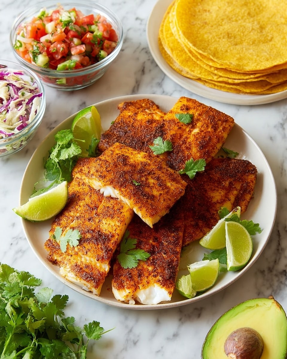 A white plate is filled with several pieces of cooked fish fillets stacked in layers, each fillet showing a golden-brown crust with hints of spices, and the fish inside is white and flaky. On the plate, there are green cilantro leaves and two lime wedges placed on opposite sides of the fish. Around the plate, there are small clear glass bowls containing colorful pico de gallo with red tomatoes, green herbs, and purple onions, shredded cabbage, and white sour cream. A white marbled surface holds the plate, bright yellow corn tortillas stacked in a neat pile, and a halved avocado with its green flesh and large brown seed visible. Photo taken with an iphone --ar 4:5 --v 7