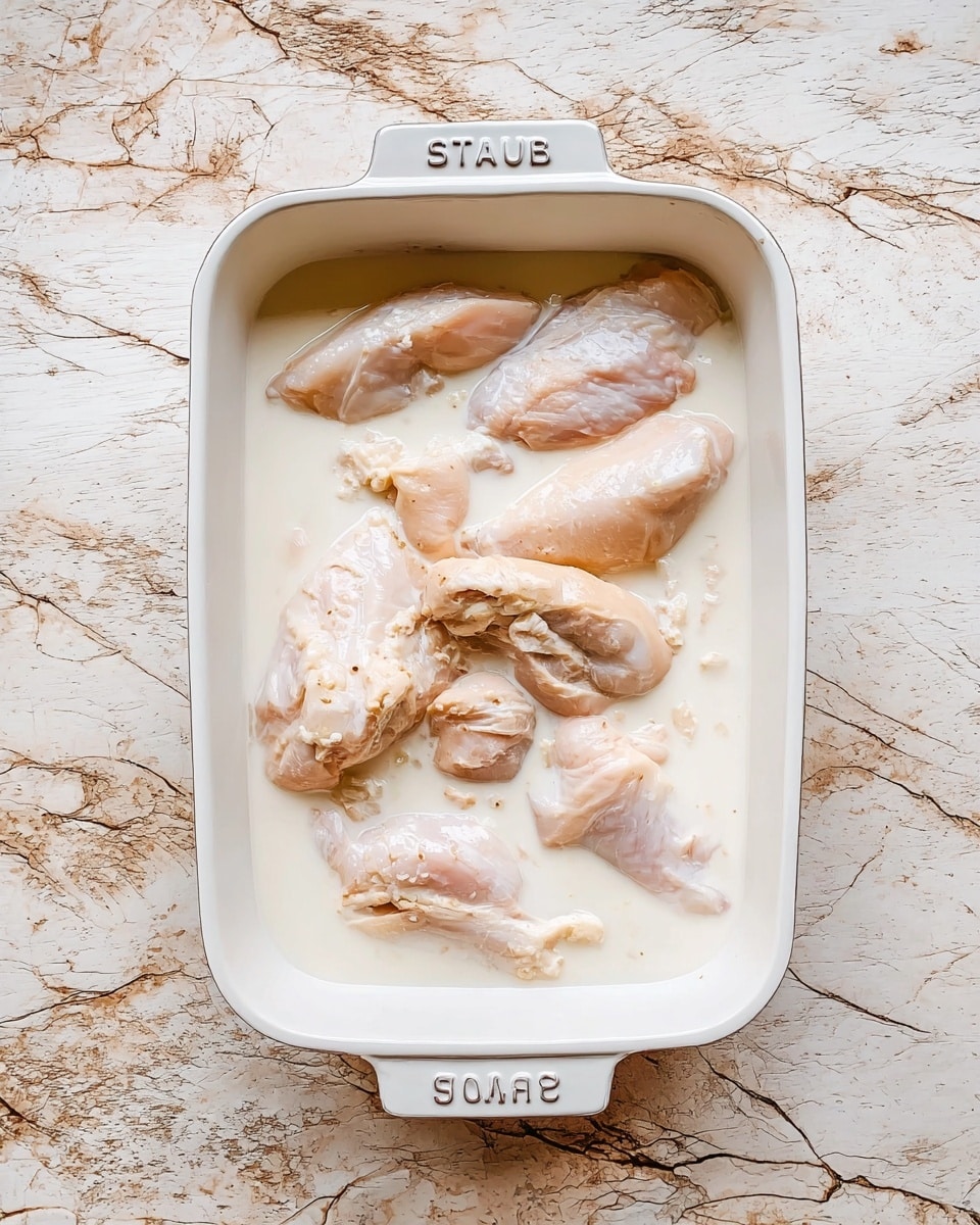 A white ceramic rectangular dish holds several light pink chicken pieces submerged in a creamy white liquid. The chicken pieces vary in size and shape, showing a smooth, moist texture with a slight shine from the liquid. The dish is set on a white marbled surface that has light brown and beige patterns, giving a rustic feel. The top handle of the dish is visible with the word