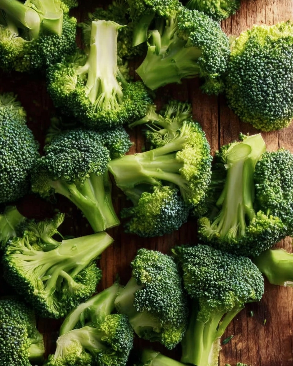 A close-up view of many fresh broccoli florets scattered over a wooden surface. Each floret has a thick light green stem base supporting tight clusters of small, vibrant, dark green buds that create a textured, almost bumpy top. The broccoli pieces vary in size and are arranged randomly, showing different angles of the stems and tops. The lighting highlights the bright green colors and the natural details of the broccoli, contrasting with the warm wood grain beneath. photo taken with an iphone --ar 4:5 --v 7