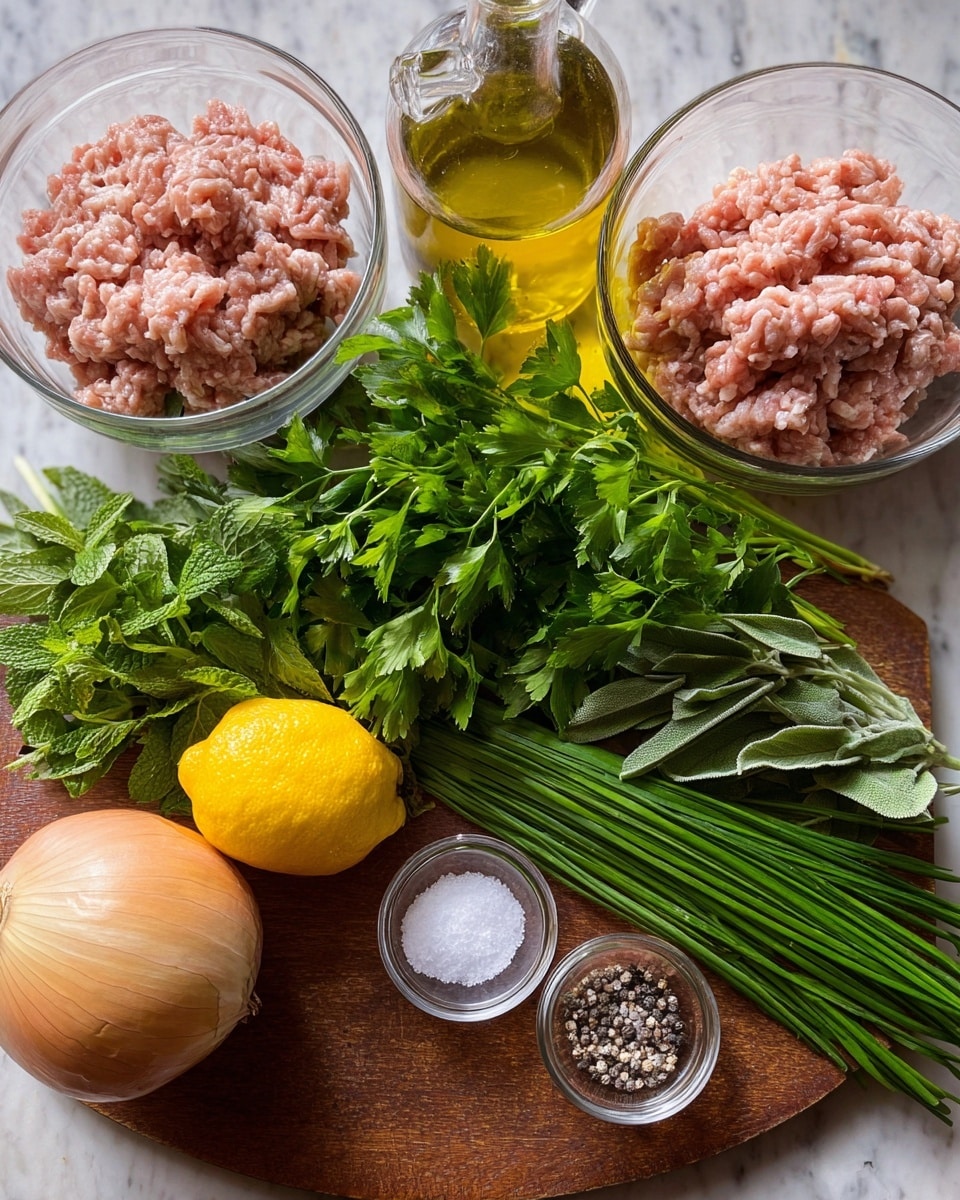 The image shows two clear glass bowls side by side, one filled with light pink ground meat and the other with coarser, darker pink minced meat. Between them stands a clear bottle with golden olive oil inside. Below, there are fresh green herbs arranged in bunches, including parsley, mint, and chives, with distinct textures and leafy details. In front of the herbs, a bright yellow lemon and a round, pale brown onion with a papery outer layer rest on a wooden board. At the bottom edge, two small clear glass bowls contain white salt and black pepper. The whole setup is on a white marbled textured surface. photo taken with an iphone --ar 4:5 --v 7