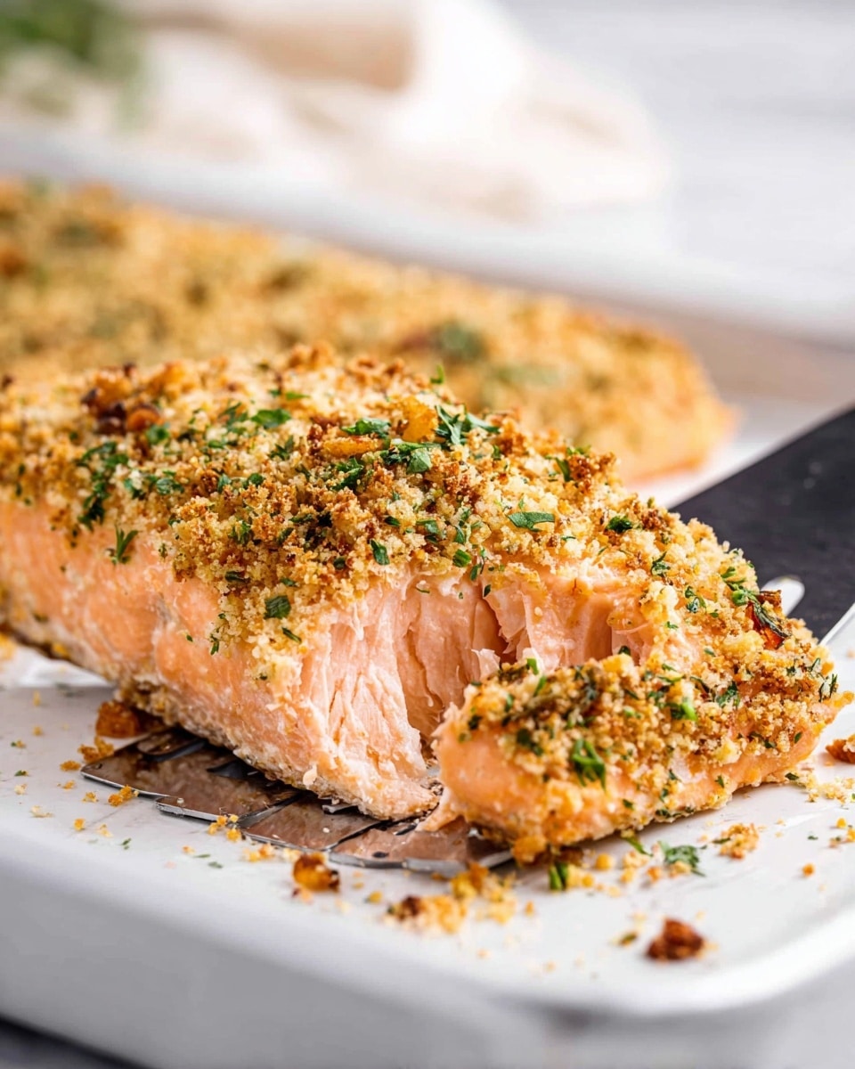 A thick piece of cooked salmon fillet with a golden brown crispy crumb layer covering the top and sides, speckled with green herbs and small crunchy bits. The salmon meat underneath is light pink and flaky with a tender texture. The fillet is lifted by a spatula from a white baking tray with some crumbs scattered around. The background shows a soft blurred scene with a white marbled surface. Photo taken with an iphone --ar 4:5 --v 7