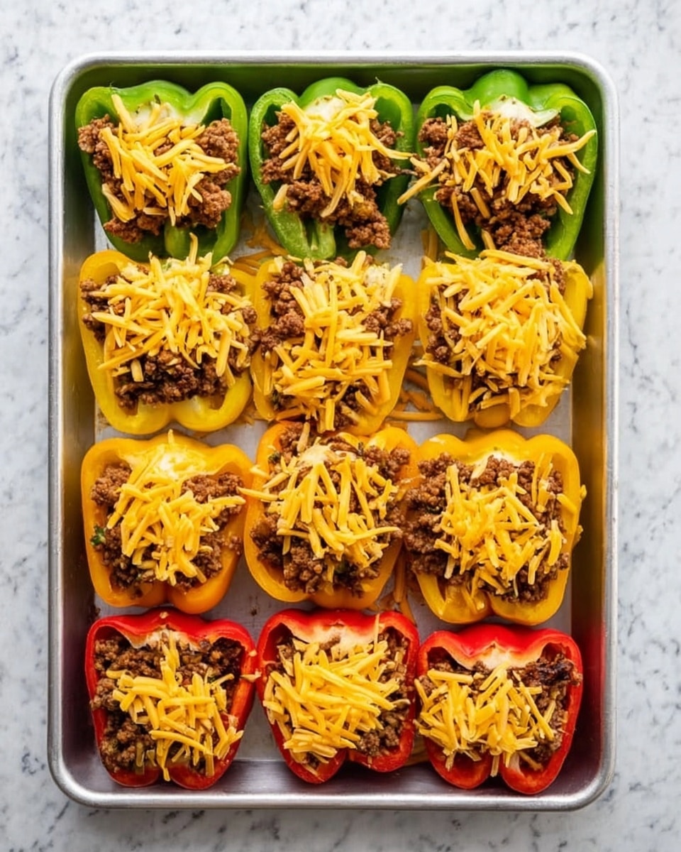 This image shows a silver baking tray on a white marbled surface holding three rows of stuffed bell pepper halves: the top row is green, the middle row is yellow, and the bottom row is red. Each pepper half is filled with a layer of cooked ground meat that looks browned and crumbly. On top of the meat, there is a layer of shredded orange cheese spread evenly over each pepper half. The colors are bright and vivid, with the green, yellow, and red peppers contrasting with the brown meat and orange cheese. photo taken with an iphone --ar 4:5 --v 7
