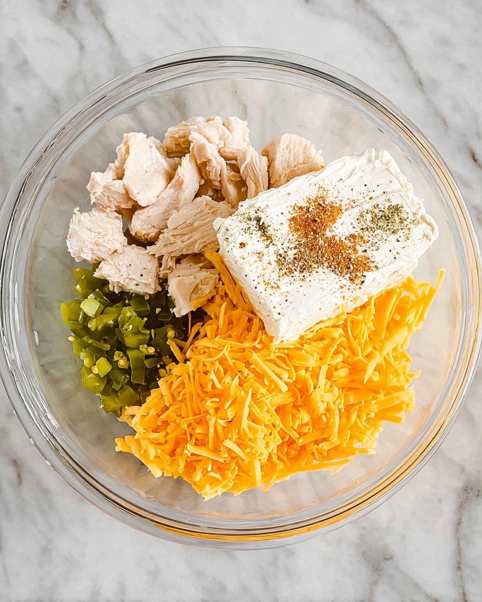 In a clear round glass bowl, there are four main layers placed separately. At the top left, there are small pale chunks of cooked chicken with some black pepper on them. At the bottom left, there is a small pile of chopped green chili peppers. At the bottom right, there is a large heap of bright orange shredded cheddar cheese with a soft texture. At the top right, a thick block of white cream cheese sits with some brown spice powders sprinkled on top. The bowl is placed on a white marbled surface. photo taken with an iphone --ar 4:5 --v 7