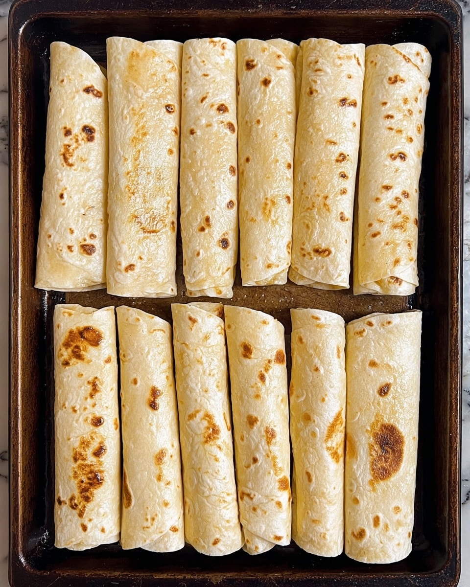 The image shows a dark baking tray filled with 14 rolled tortillas arranged in two rows. Each tortilla is light beige with brown spots, smooth, and slightly shiny from a brushed layer of oil on top. The tortillas are tightly rolled, laying flat and close to each other, with some edges visible underneath. The background features a white marbled texture visible at the bottom edge of the image. photo taken with an iphone --ar 4:5 --v 7