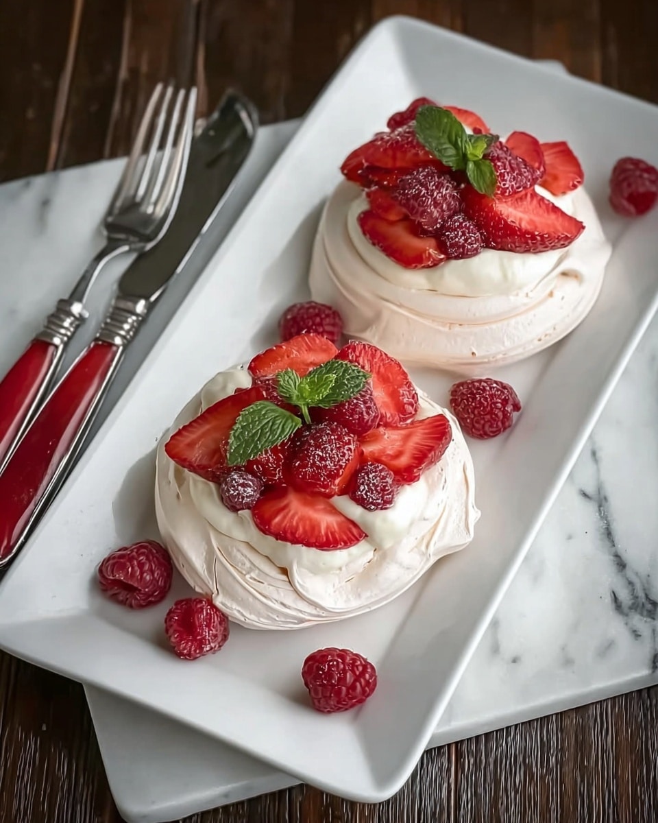 Two small round pavlova nests sit on a long white plate on a white marbled background. Each nest has a light beige, crispy meringue base that is tightly curled in rings. On top of each meringue is a thick, smooth layer of white cream. The cream is covered with fresh red strawberries sliced in halves and quarters, along with whole red raspberries. Bright green mint leaves are placed as a garnish on the berries, adding a refreshing touch to the vivid red fruit. The photo taken with an iphone --ar 4:5 --v 7