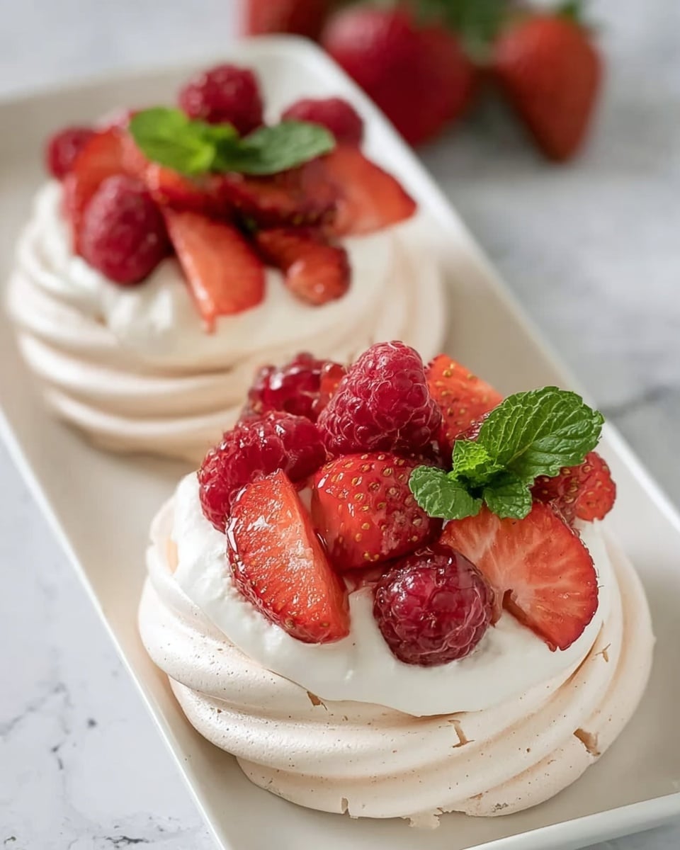Two round pavlova desserts are placed side by side on a long white rectangular plate. Each pavlova has a base layer of light golden meringue with a slightly crisp and swirled texture. On top of the meringue is a layer of smooth white cream. The cream is covered with red fresh strawberry slices and whole raspberries, arranged unevenly. A small green mint leaf garnish sits atop the fruit on each pavlova. The plate is set on a dark wooden table with a white marbled surface visible around it. Two silver forks with red handles rest near the bottom left corner of the plate. Photo taken with an iphone --ar 4:5 --v 7