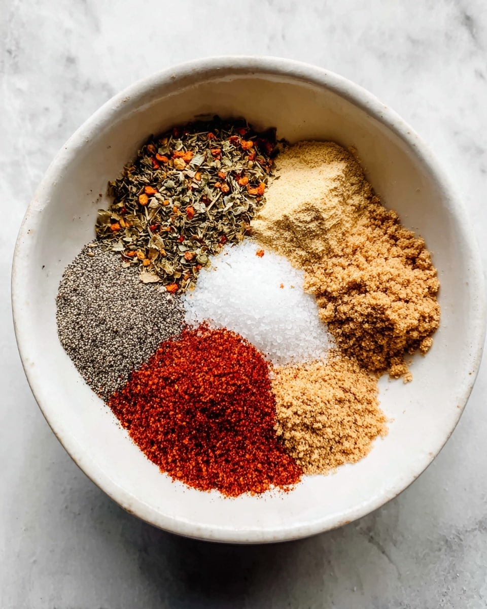 A white bowl sits on a white marbled surface, filled with six separate layers of spices arranged in a circle. Starting from the top and moving clockwise, the first layer is a mix of dried herbs with green and orange bits and a rough texture. Next is a fine, pale-yellow powder. Moving down, there's a coarse, bright red spice with a grainy look. Below that is a mound of white coarse salt in the middle. To the left, there is a pile of finely ground black pepper, grayish in color. Finally, a rough, light brown layer of brown sugar fills the remaining space, completing the circle. photo taken with an iphone --ar 4:5 --v 7