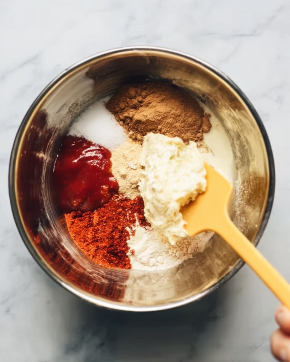 Inside a shiny metal bowl on a white marbled surface, several separate layers of ingredients sit before mixing: a dollop of red sauce, bright reddish-brown powder, light beige powder, creamy white thick substance, and a yellow woman’s hand holding a yellow spatula resting in the bowl. The ingredients have smooth and powdery textures, with the spatula slightly digging into the white layer. Photo taken with an iphone --ar 4:5 --v 7