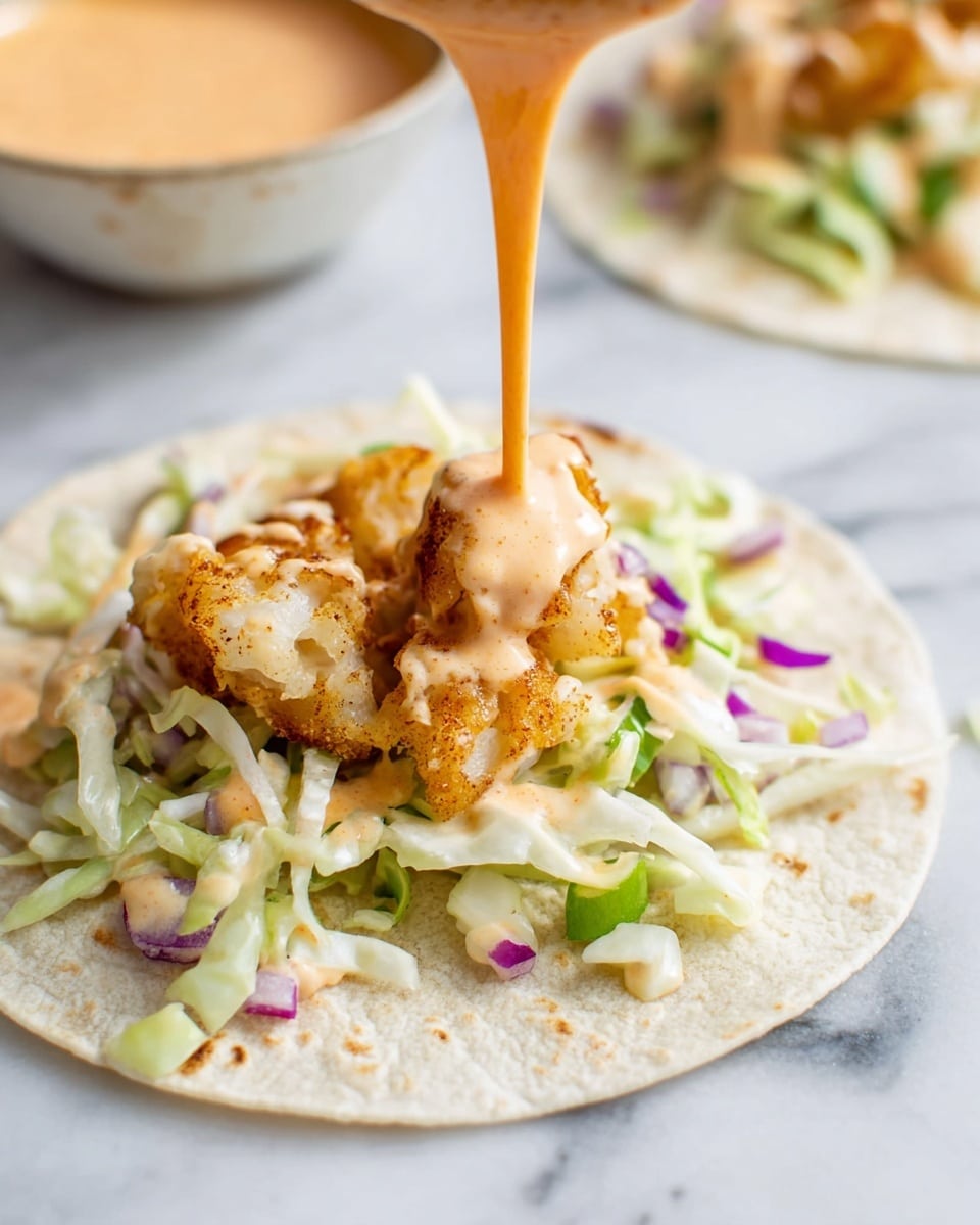 A small white tortilla lies flat on a white marbled surface, layered first with shredded light green cabbage mixed with small bits of green pepper and purple onion pieces scattered evenly. On top of the cabbage is a layer of golden, cooked fish chunks that have a slightly crispy texture. A creamy, light orange sauce is being poured over the fish from above, slowly dripping down the sides. In the background, there is another similar taco slightly blurred and a bowl filled with the same sauce. Photo taken with an iphone --ar 4:5 --v 7