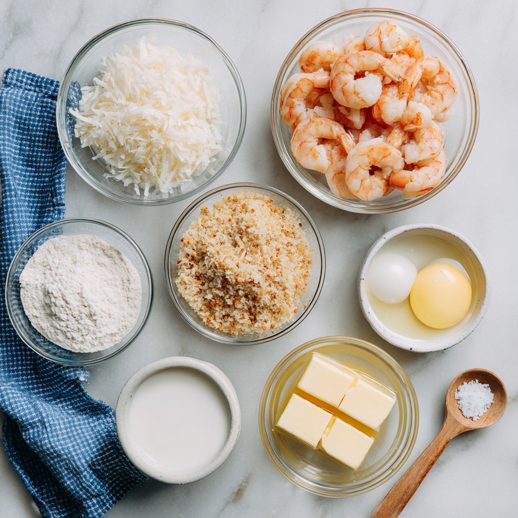 The image shows small clear glass bowls and a white bowl placed on a white marbled surface. In the center, there is a clear bowl full of pinkish-orange cooked shrimp with a smooth texture. Above it to the left, a clear bowl is filled with shredded white coconut flakes that have a slightly rough texture. To the right of the coconut in a clear bowl, there are light beige panko breadcrumbs with a grainy texture. Below the coconut, a small clear bowl contains a white liquid, which is milk, with a smooth surface. Next to the milk, a clear bowl holds white flour with a soft powdery texture. Near the flour, there is an egg with a smooth white shell. To the right of the shrimp, a white bowl contains melted yellow butter with a soft, liquid texture. A small wooden spoon filled with coarse white salt is placed near the bottom right of the image. A blue and white checkered cloth is partially visible on the lower left corner. photo taken with an iphone --ar 4:5 --v 7