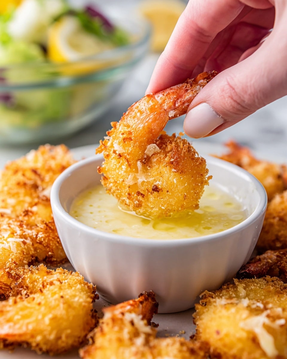 A woman's hand is holding a golden brown crispy shrimp dipped into a small white bowl filled halfway with creamy melted butter. The shrimp has a crunchy texture with small flakes on the surface and a slightly curved shape. Around the bowl, many more pieces of similar golden crispy shrimp lie scattered on a white marbled surface. In the blurry background, a glass bowl with a layered salad of green, white, and yellow colors can be seen. The lighting is bright and natural, highlighting the crispy texture of the shrimp and the smooth butter inside the bowl photo taken with an iphone --ar 4:5 --v 7
