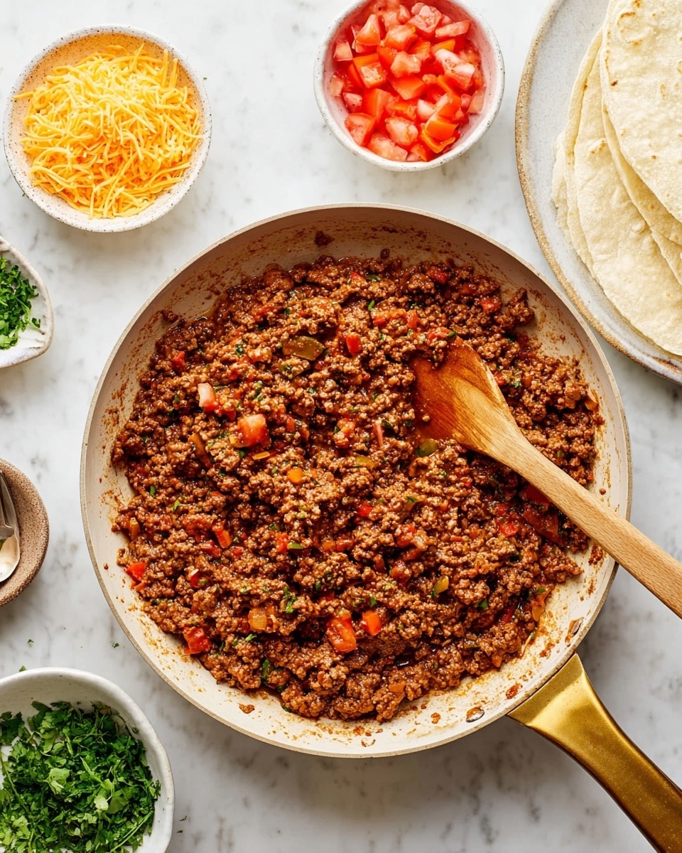 A white pan with a golden handle holds cooked ground meat mixed with small pieces of red and orange vegetables, all coated in a rich brown sauce. A wooden spoon is resting inside the pan, partially covered with the meat mixture. Around the pan, on a white marbled surface, there are small white bowls holding shredded yellow cheese, chopped green herbs, and diced red tomatoes. To the right, there is a white plate with folded soft white tortillas and a fork on top. photo taken with an iphone --ar 4:5 --v 7