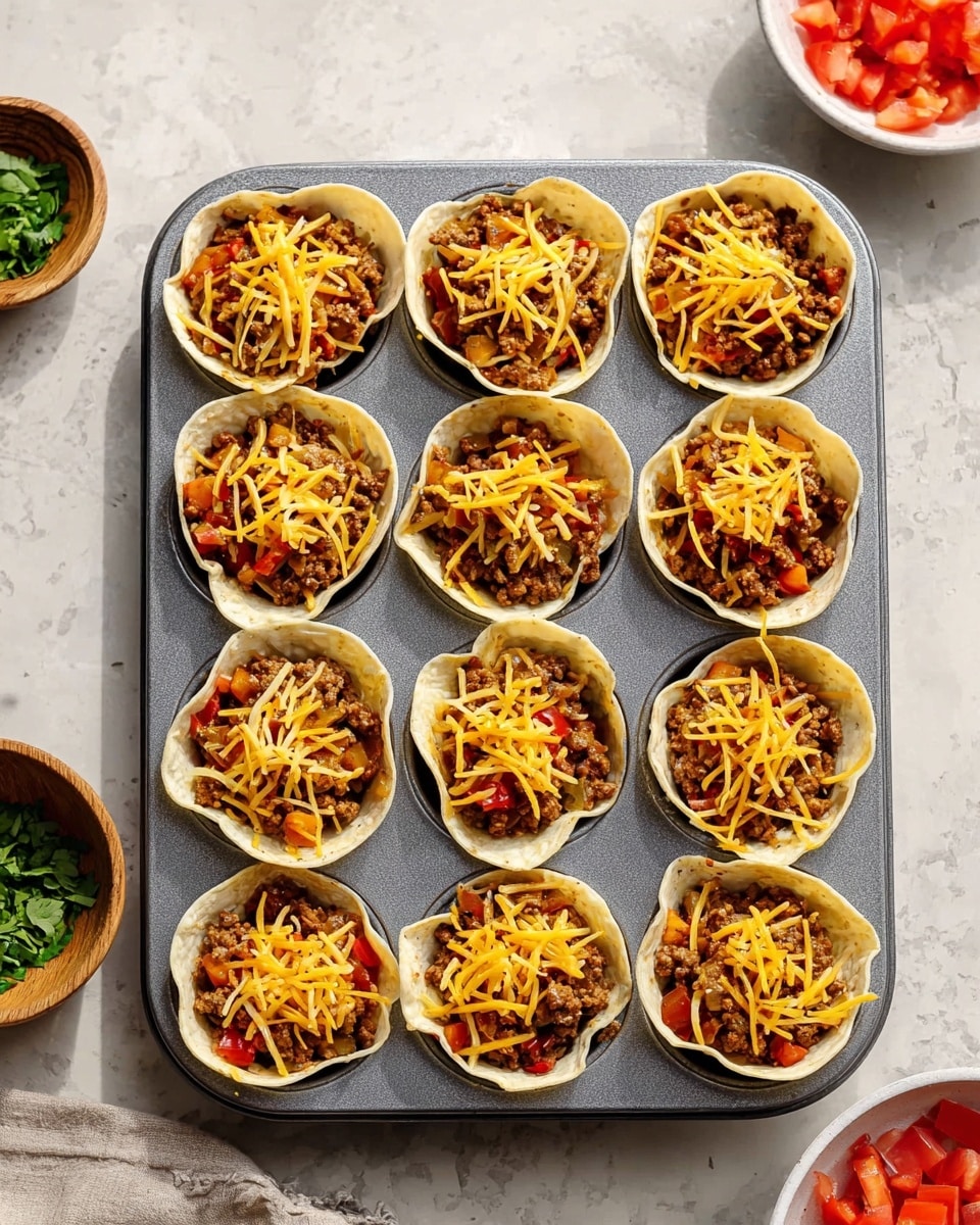 A grey metal muffin tray holds twelve layered mini taco cups, each lined with a light beige soft tortilla forming the base and slightly rising up the sides. Inside each cup is a chunky layer of cooked ground meat mixed with small pieces of red and orange vegetables, possibly peppers, topped with bright yellow shredded cheese. The tray sits on a white marbled surface with a small wooden bowl of chopped green herbs visible to the left and a white bowl with diced red tomatoes on the top right corner of the image. The scene is lit with soft, natural light. photo taken with an iphone --ar 4:5 --v 7