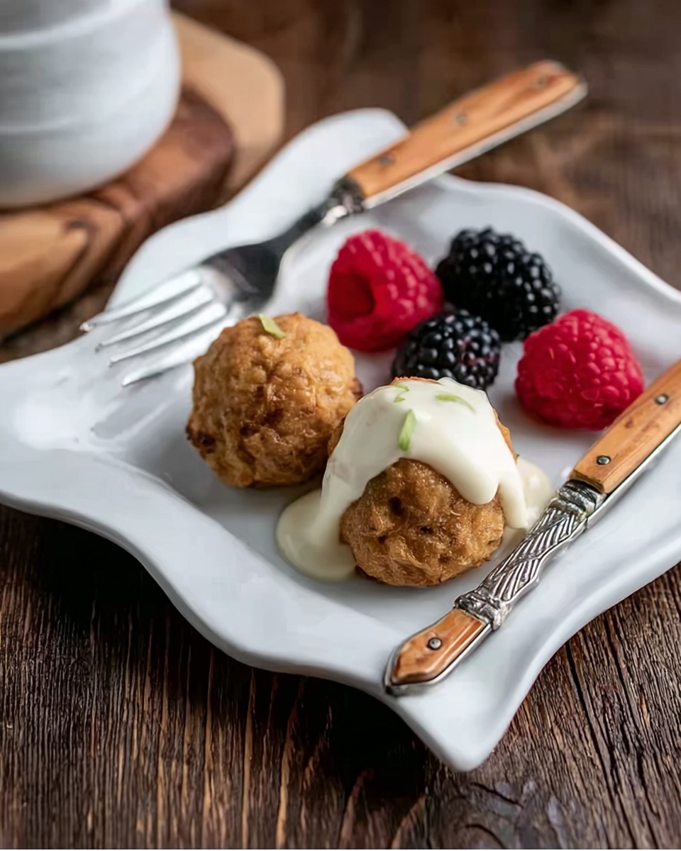 The image shows a white, wavy-edged square plate placed on a dark wooden surface. On the plate, there are three small round golden-brown balls with a creamy white sauce dolloped on top of the middle one. Behind them, there are two bright red raspberries and one dark purple blackberry arranged next to a small fork and a knife with a light brown bamboo handle. The photo taken with an iphone --ar 4:5 --v 7