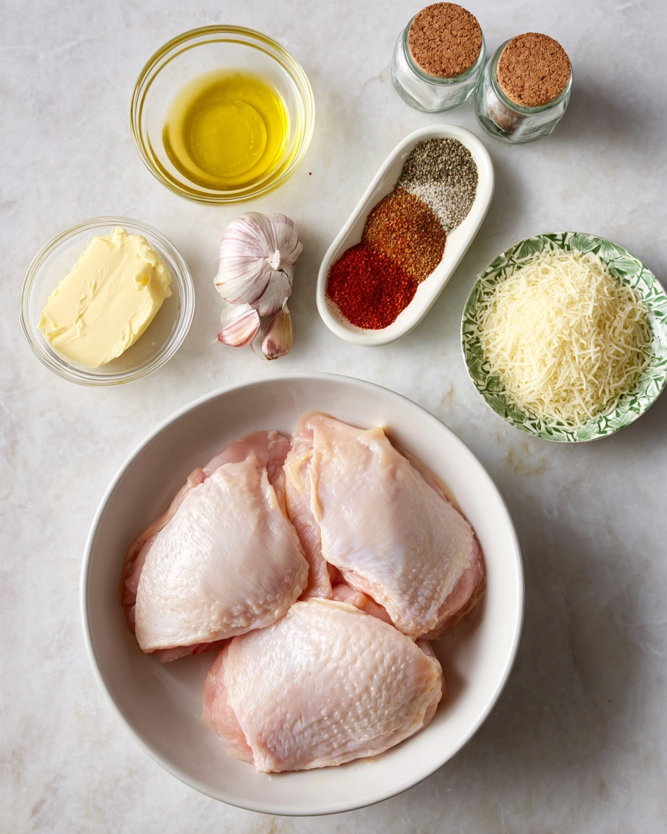A white bowl is filled with four pieces of raw, pale pink chicken thighs with a smooth, slightly shiny texture. Above the bowl, there is a small glass bowl with yellow butter on the left and a similar small glass bowl with pale grated cheese on the right. Between these bowls is a small white dish with a green leafy pattern holding two piles of finely ground spices, one bright red and the other greenish brown. Behind these dishes are four garlic cloves with a light purple tint and two small glass jars with cork lids, containing white and dark spices. All these items rest on a white marbled surface photo taken with an iphone --ar 4:5 --v 7