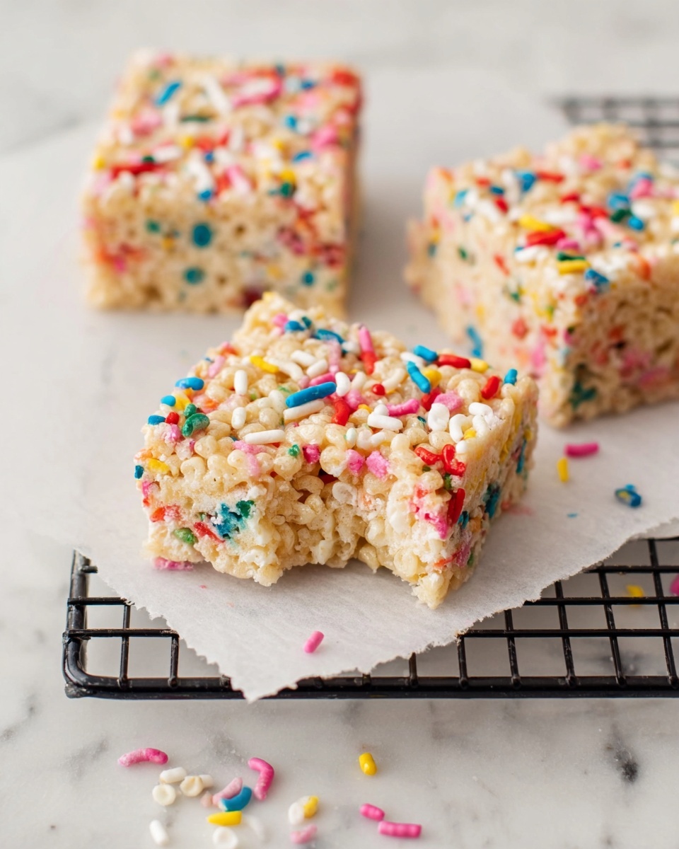 A close-up shot of three square crispy rice treats with colorful sprinkle pieces mixed throughout and on top. The front treat has a bite taken out of one side, showing its soft, airy texture inside. The treats have a pale tan color base with bright red, blue, green, yellow, pink, and white sprinkles dotting their surfaces. They are placed on white parchment paper, which rests on a black metal cooling rack with a white marbled surface beneath it. Some loose sprinkles are scattered around the treats. Photo taken with an iphone --ar 4:5 --v 7