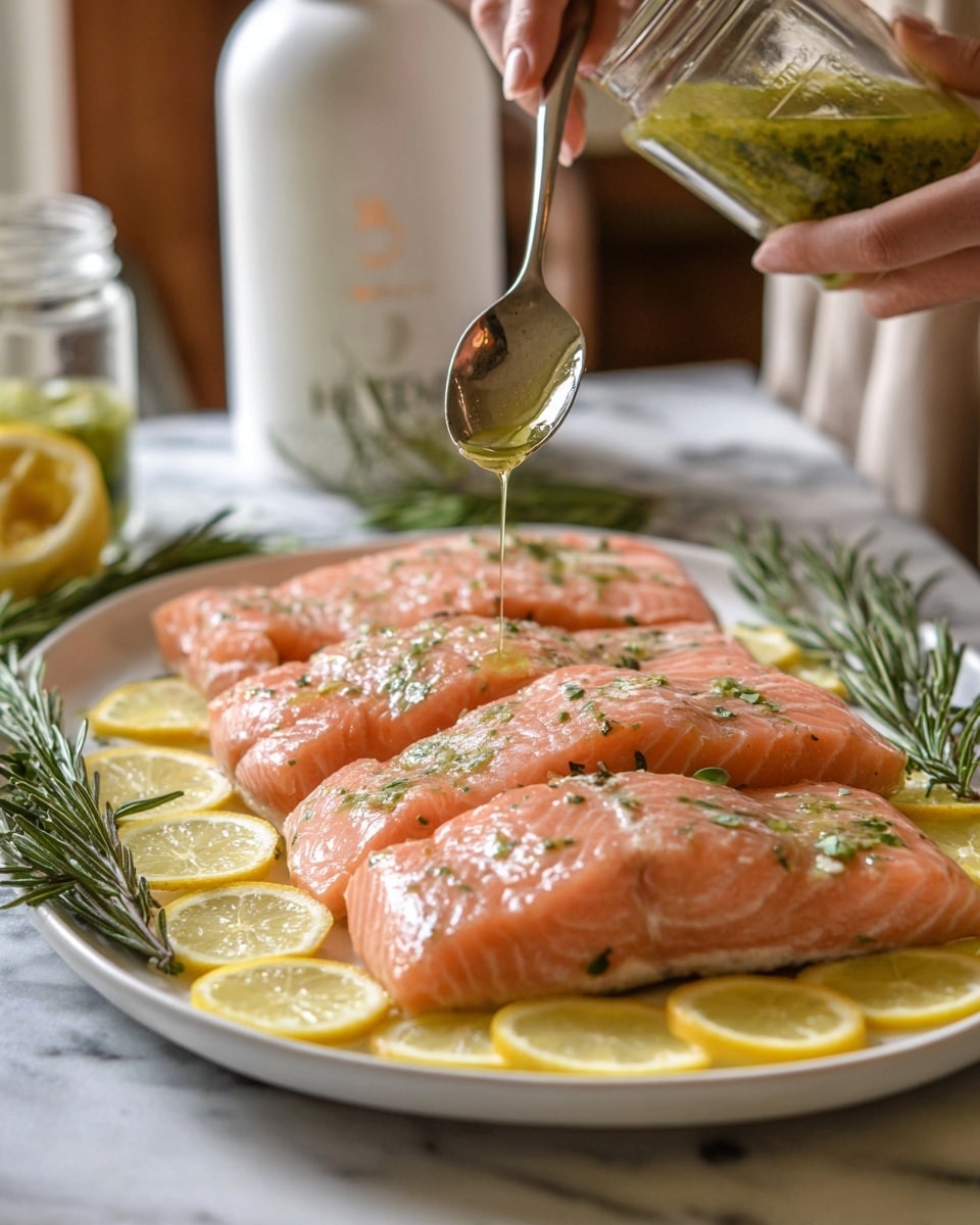 A white plate holds six large salmon fillets arranged in two rows, their smooth, moist skin showing a light pinkish-orange color. Thin lemon slices form a border below the salmon fillets. Fresh rosemary sprigs lie on the plate beneath the fillets, adding a touch of green. A woman's hand is spooning an herb oil drizzle over the salmon, visible as a glossy green sauce with bits of herbs. The background is a white marbled surface with blurred kitchen elements, including a white bottle and a jar held by another woman's hand. Photo taken with an iphone --ar 4:5 --v 7