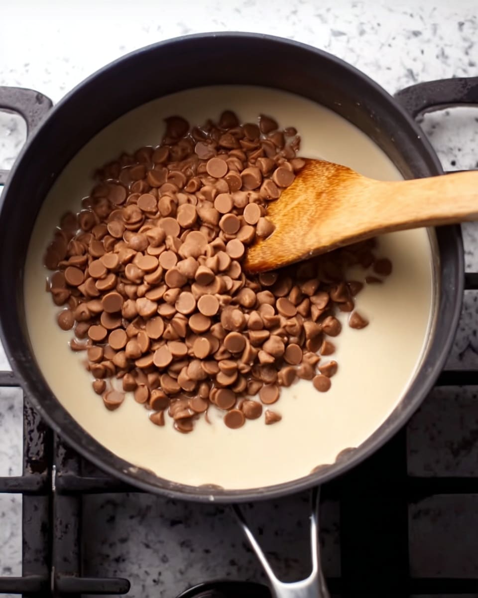 A close-up view inside a black cooking pot shows a base layer of creamy, light beige liquid. On top of this is a thick layer of small, smooth, round brown chocolate chips. A wooden spoon with a flat edge rests diagonally in the pot, partially covered by the chocolate chips as it stirs them. The pot is on a stove burner with dark metal grates visible at the bottom edges. The background surface is changed to a white marbled texture. Photo taken with an iphone --ar 4:5 --v 7