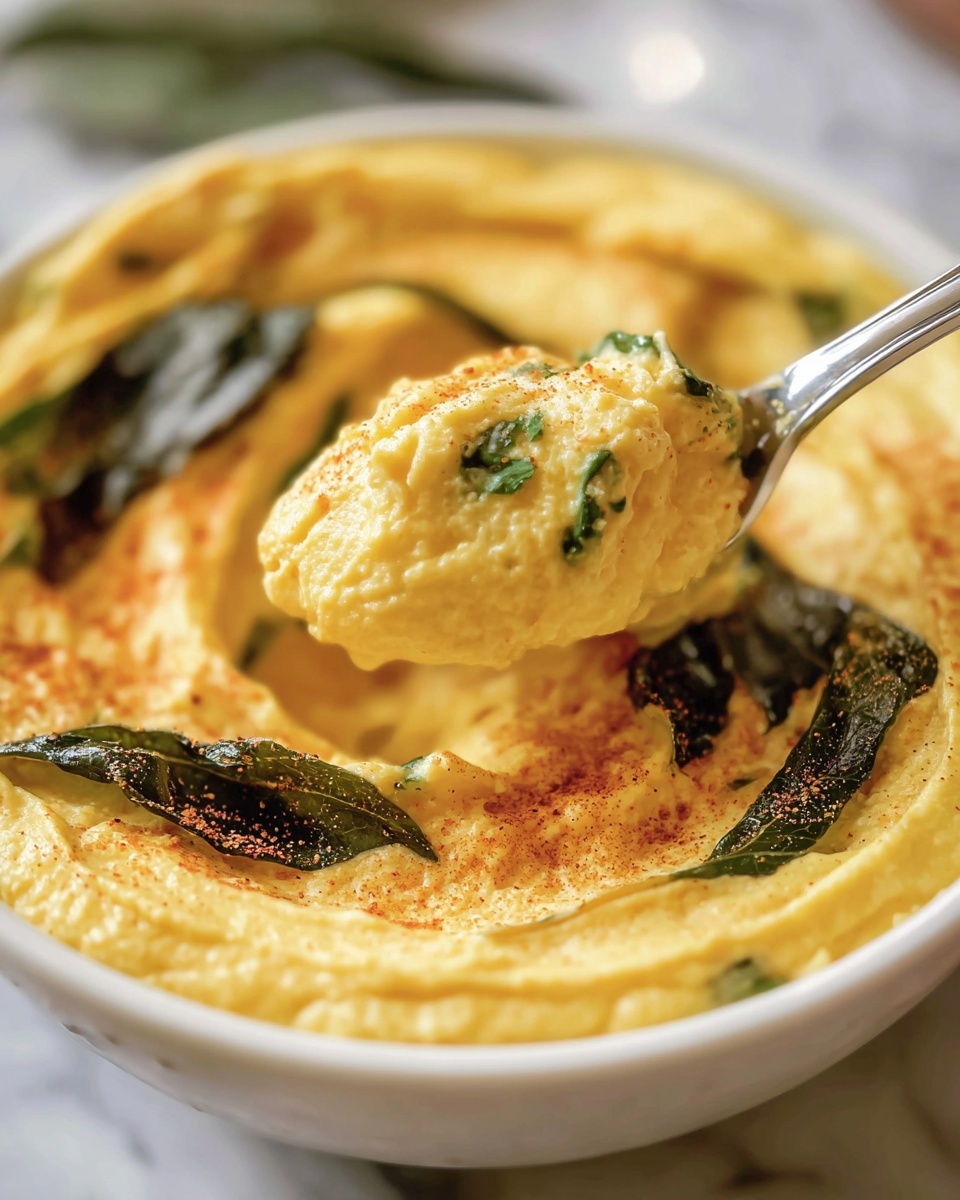 A close-up view of a creamy yellow dip in a white bowl, with a spoon lifting a scoop from the center. The dip has a thick, smooth texture with some small green herb bits mixed in, and a light dusting of reddish-brown spice on top. There are dark green fried herb leaves partially visible on the surface of the dip. The background shows a white marbled surface. photo taken with an iphone --ar 4:5 --v 7