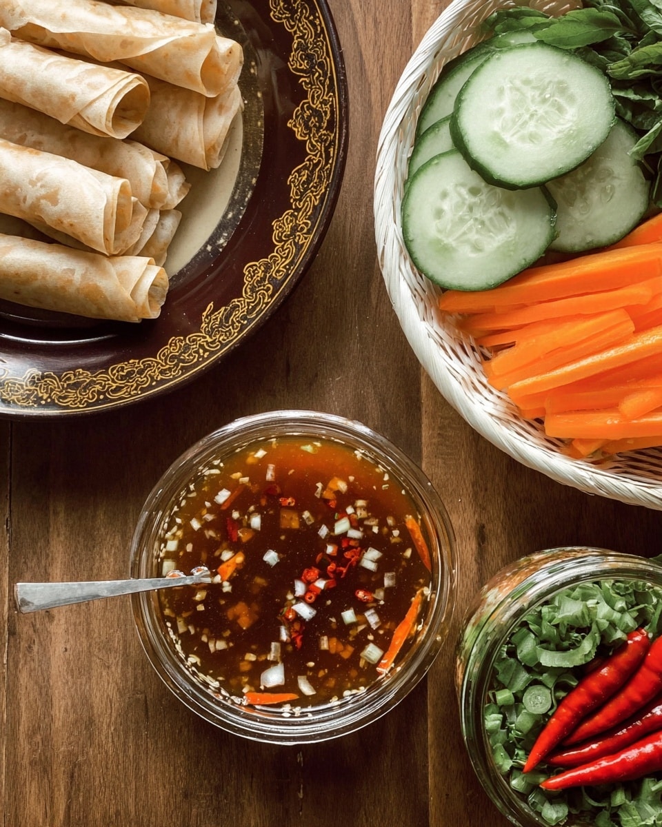 A round clear glass bowl at the center filled with light brown sauce that has small white chopped pieces, thin orange strips, and small red chili pieces floating in it. To the top right is a white woven basket holding round cucumber slices with dark green edges on the left, bright orange carrot slices on the right, and two bright red chili peppers on the far right, with green leafy vegetables behind. To the bottom left, a dark brown plate with golden patterns around the edge holds a stack of thin, light beige crepe-like wraps folded into thirds. A small glass jar with a silver spoon sticking out, filled with a similar light brown sauce with white chopped pieces, is placed to the left of the glass bowl. All items rest on a wooden surface shown in natural tones. Photo taken with an iphone --ar 4:5 --v 7