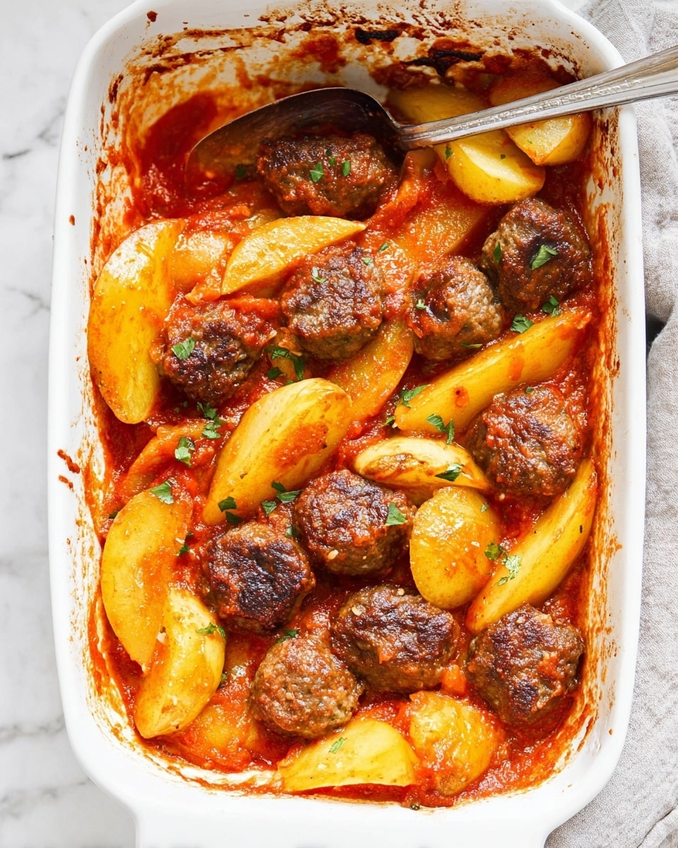 The image shows a white baking dish filled with cooked meat patties and thick potato wedges. The dish has one layer with round and oval-shaped dark brown meat patties that have a slightly crispy texture on top. Interspersed among the meat patties are potato wedges that are soft, golden-yellow with some areas coated in a rich red-orange tomato sauce. The sauce is spread evenly around the layer, with some small bits of green herbs sprinkled on top, adding a fresh touch. The edges of the baking dish have browned sauce stains that give a baked look. A metal spoon is partially inside the dish, resting on the food, ready to serve. The dish sits on a white marbled surface. photo taken with an iphone --ar 4:5 --v 7