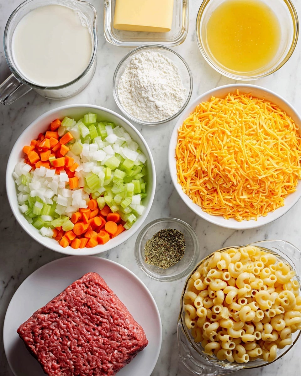 This image shows an overhead view of various cooking ingredients arranged on a white marbled surface. In the top left, there is a clear glass measuring cup filled with milk, next to a small white bowl holding a rectangular block of yellow butter. Beside that is another small white bowl filled with white flour. To the right, a large white bowl is packed with shredded orange cheese. Below it, another large white bowl contains dry elbow macaroni pasta. Towards the bottom left, a large white bowl is filled with three layers of diced vegetables: green celery at the base, white diced onions in the middle, and orange carrot slices on top. To the left, a white plate holds a thick square piece of raw ground beef that is red with a marbled fatty texture. In the bottom right corner is a clear glass measuring cup filled with yellow broth. A small white bowl with a mix of minced garlic, dried herbs, and black pepper is near the center. All the items are neatly placed and well lit, creating a clear, high-resolution photo taken with an iphone --ar 4:5 --v 7