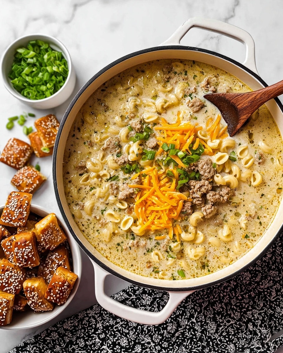 A white pot filled with a creamy soup made of small curved pasta, ground meat, and visible herbs in the broth. On top, there are three main toppings: shredded orange cheese, chopped green onions, and small chunks of pretzel bread with sesame seeds. A wooden spoon rests inside the pot, partly submerged in the soup. Surrounding the pot are two small white bowls, one containing more chopped green onions, the other with more pretzel bread chunks. The pot is placed on a black and white patterned cloth, all set on a white marbled surface. Photo taken with an iphone --ar 4:5 --v 7