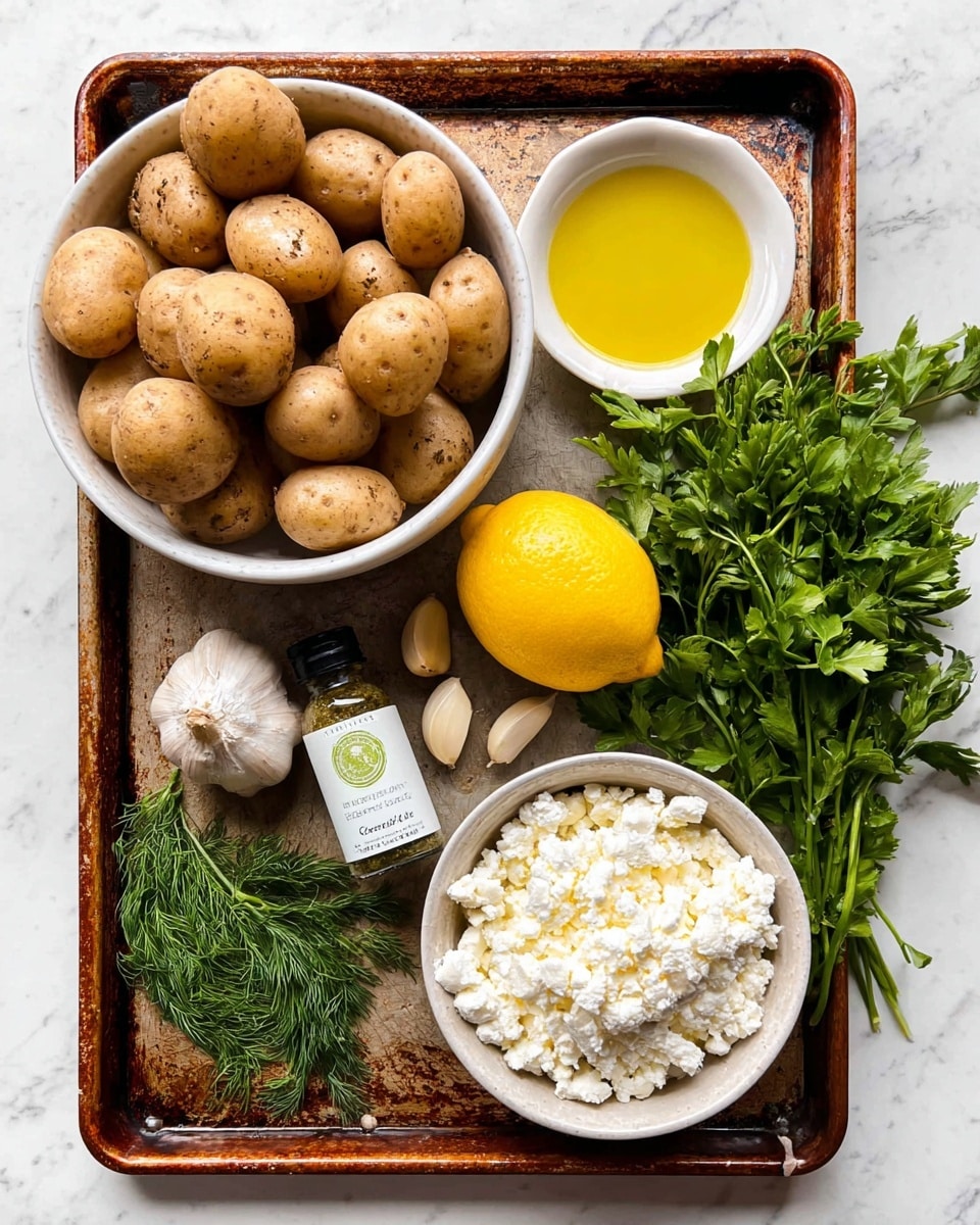 A white bowl full of small brown potatoes is placed on the left side of a worn metal tray with a yellow lemon, a white bowl of light yellow olive oil, and a white bowl filled with crumbly white cheese. Two peeled garlic cloves rest near the center of the tray, with a small bottle of Greek oregano near the bottom left, and fresh green herbs including parsley and dill arranged on the right side. The tray is on a white marbled surface. photo taken with an iphone --ar 4:5 --v 7