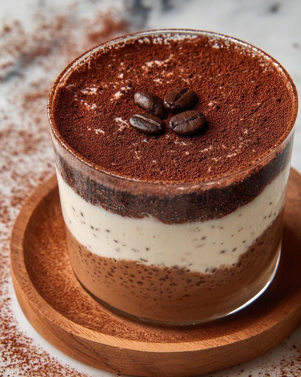 Two glass cups sit on a round white plate with a light brown paper and a silver spoon beside them, all placed on a white marbled surface. Each cup has three layers: the bottom layer is beige with small dark seeds giving it a textured look, the middle layer is smooth and creamy white, and the top layer is a dark brown powdery chocolate dust. On the chocolate dust, there are three small oval cocoa nuts with extra cocoa powder sprinkled over them. The edges of the glass cups have a thin line of chocolate dust adding detail to the rims. Photo taken with an iphone --ar 4:5 --v 7