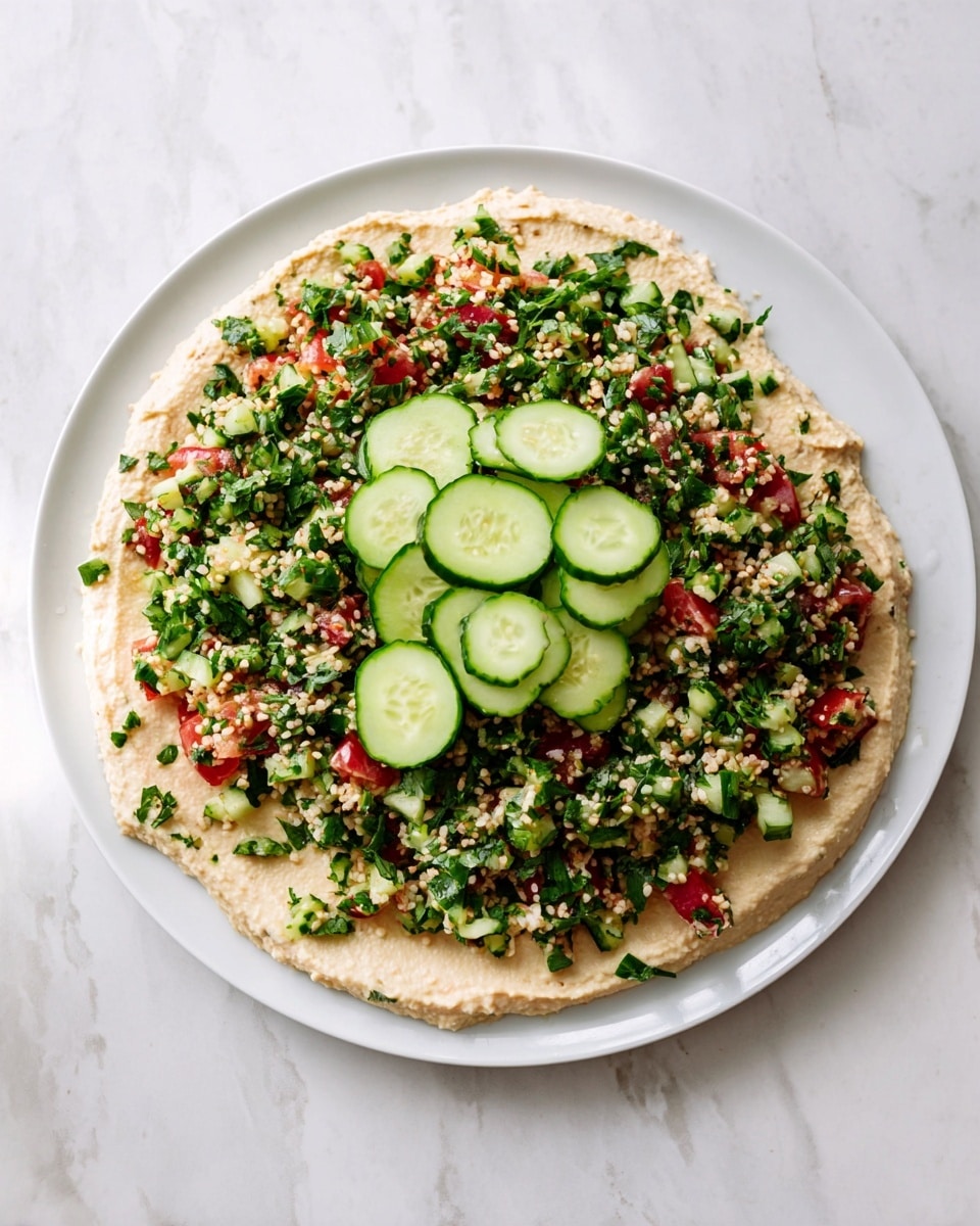 A white plate sits on a white marbled surface with a dish made of three distinct layers. The bottom layer is a smooth, beige spread that covers most of the plate in a flat, circular shape. On top of this is a colorful salad layer composed of finely chopped green herbs, light tan grains, small red tomato pieces, and diced green cucumber bits, spread evenly across the center. The top layer consists of several thin cucumber slices placed on top of the salad, adding a bright green, round shape that contrasts with the textures below. Photo taken with an iphone --ar 4:5 --v 7