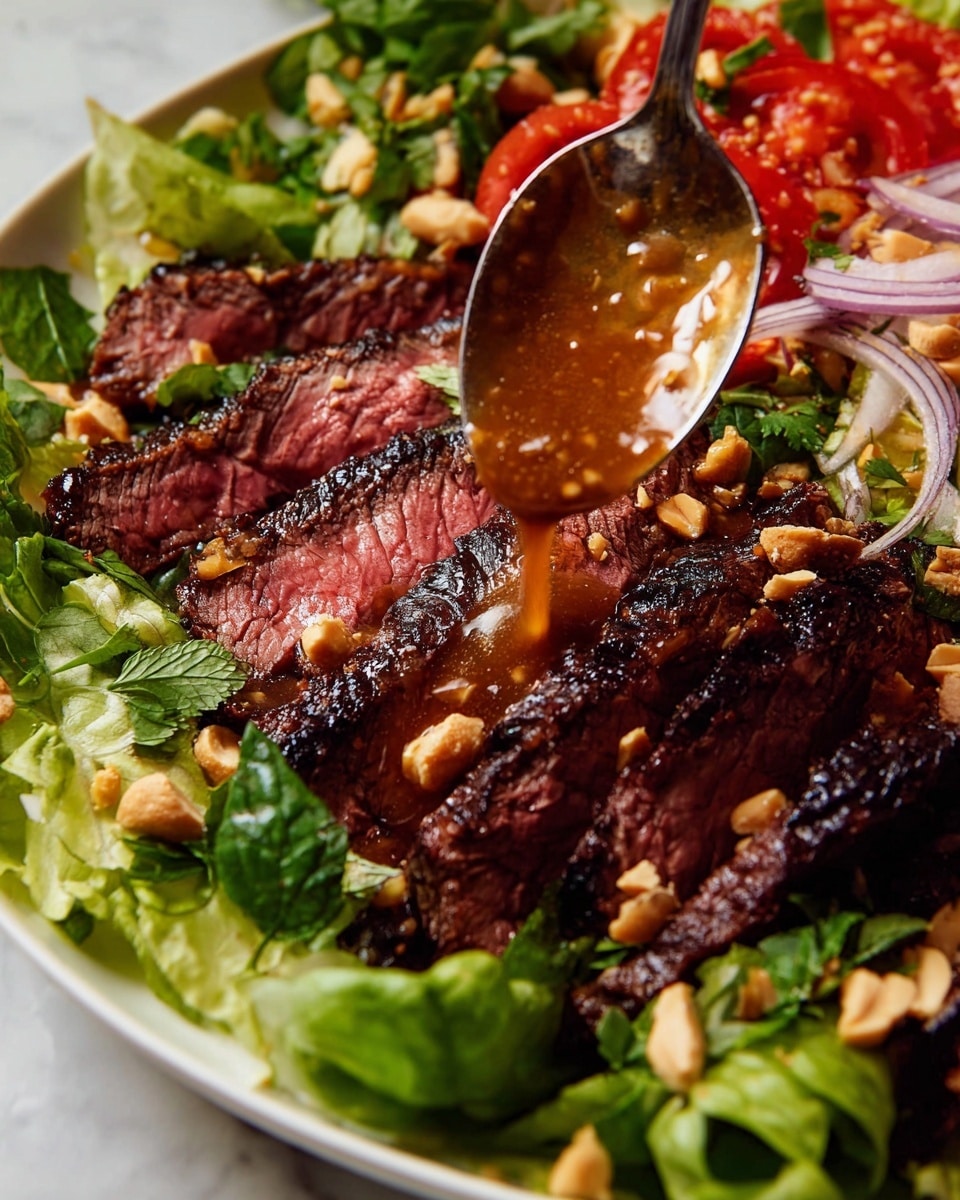 This close-up image shows a white plate filled with several layers: at the bottom, bright green lettuce leaves and chopped herbs create a fresh base. Above that are slices of medium-rare steak, their charred dark brown edges contrasting with pinkish-red centers. On the left side, bright red tomato halves and white and purple thin onion slices are scattered with crushed peanuts. A silver spoon held by a woman's hand pours a thick brown sauce over the steak, adding a glossy shine. The whole plate sits on a white marbled surface. photo taken with an iphone --ar 4:5 --v 7