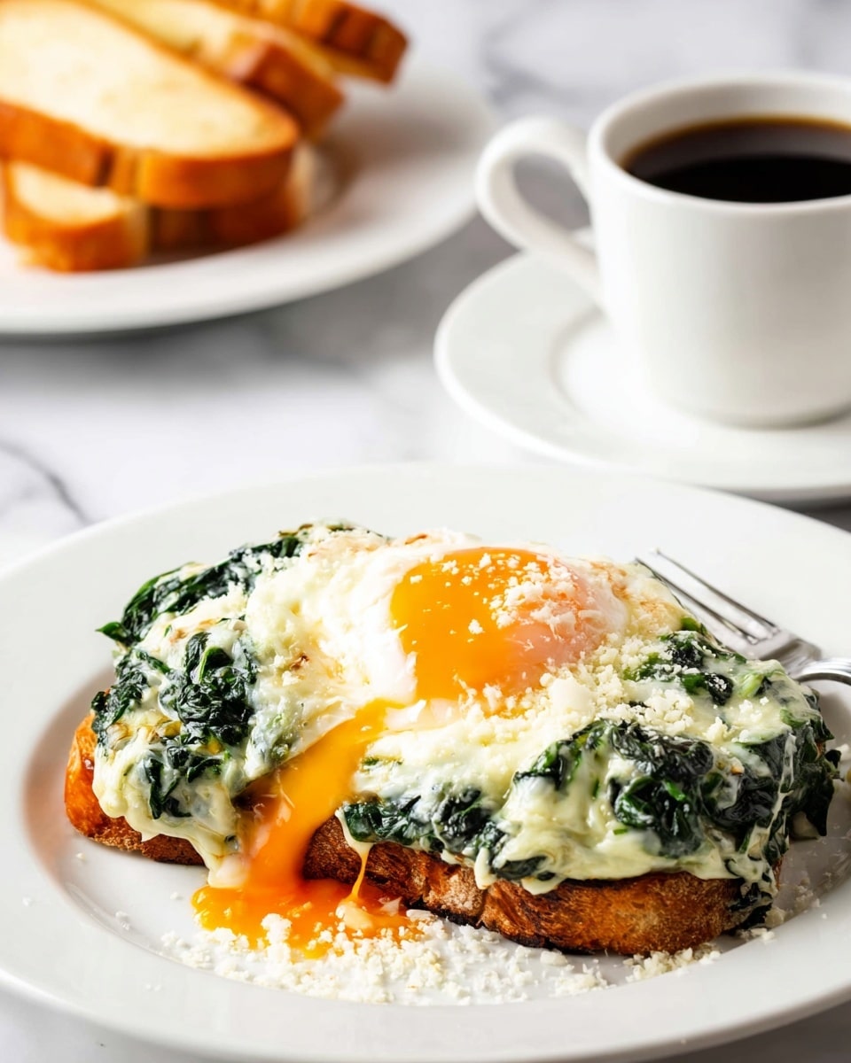 A white plate shows a thick slice of toasted bread at the bottom with a crispy, golden brown texture. On top is a creamy layer of cooked spinach combined with melted cheese, creating a mix of dark green and white textures that spread unevenly over the bread. A fried egg sits on top with a bright orange yolk partly spilling over the edge, showing a slightly shiny and soft texture, while the white part of the egg blends with the spinach mixture. There is a sprinkling of grated white cheese around the dish on the plate. In the background, there is a white cup filled with black coffee on a white saucer and another white plate holding additional thick slices of bread, all set on a white marbled surface. photo taken with an iphone --ar 4:5 --v 7