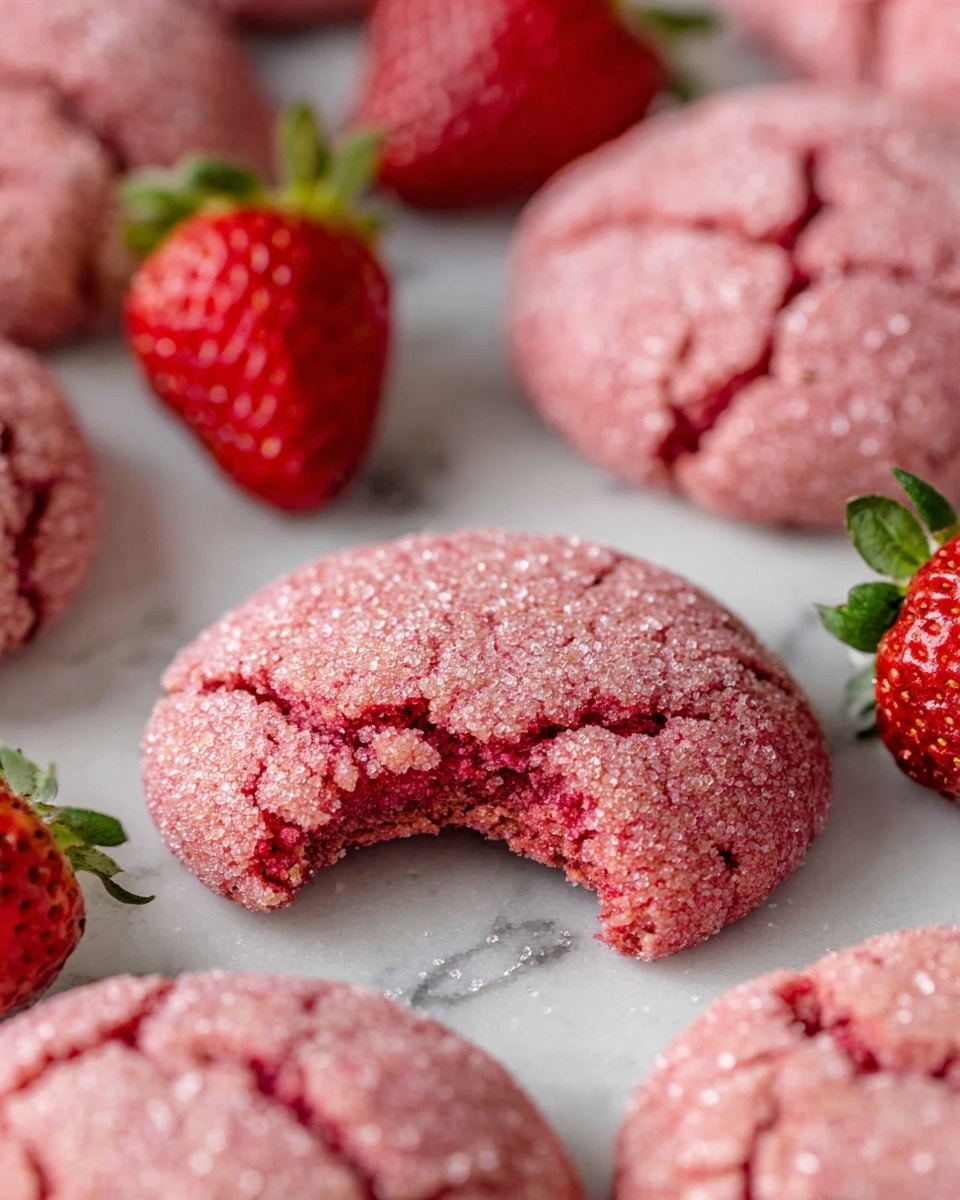 Several round pink cookies with a sugary, cracked surface are placed on a white marbled background, with one cookie in the center showing a bite taken out of it, exposing a soft and moist inside. Bright red strawberries with green leaves are scattered around the cookies, adding fresh color contrast. The texture of the cookies looks soft with a grainy sugar coating that sparkles slightly under the light. photo taken with an iphone --ar 4:5 --v 7