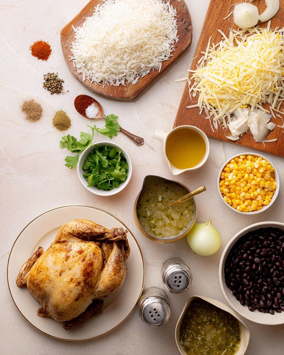 The image shows a whole roasted chicken placed on a white plate with a gold rim, sitting in the lower right corner. To the left of the chicken, there is a wooden board topped with uncooked white rice and fresh green cilantro leaves. Above this, there is a small bowl with green sauce, and various spices are scattered along the marbled white surface, including spoons with red and brown powdered spices. Close to the top center, shredded white cheese and a block of cheese rest on another wooden board. Above this, small white bowls hold bright yellow corn and dark black beans. Near the center is a halved white onion and a small open can filled with chunky green salsa. A metal gravy boat with golden liquid and a glass salt shaker with black pepper on top are near the top of the image. The overall setup is neat with ingredients spaced on a white marbled texture background. Photo taken with an iphone --ar 4:5 --v 7