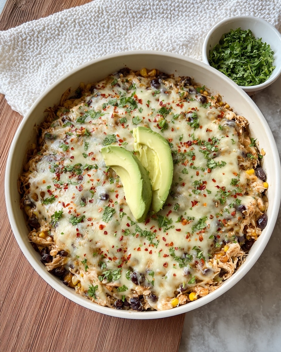 A white pan filled with a baked dish layered with shredded chicken, black beans, corn, and rice, all topped with melted white cheese that has a smooth, slightly bubbly texture. On the top, two slices of green avocado are placed towards the center-left, sprinkled with red chili flakes and chopped fresh green cilantro scattered evenly over the whole dish. In the background, a small white bowl holds more chopped cilantro, and a white textured cloth napkin is casually placed on a wooden table with a white marbled texture surface visible along the edges. Photo taken with an iphone --ar 4:5 --v 7