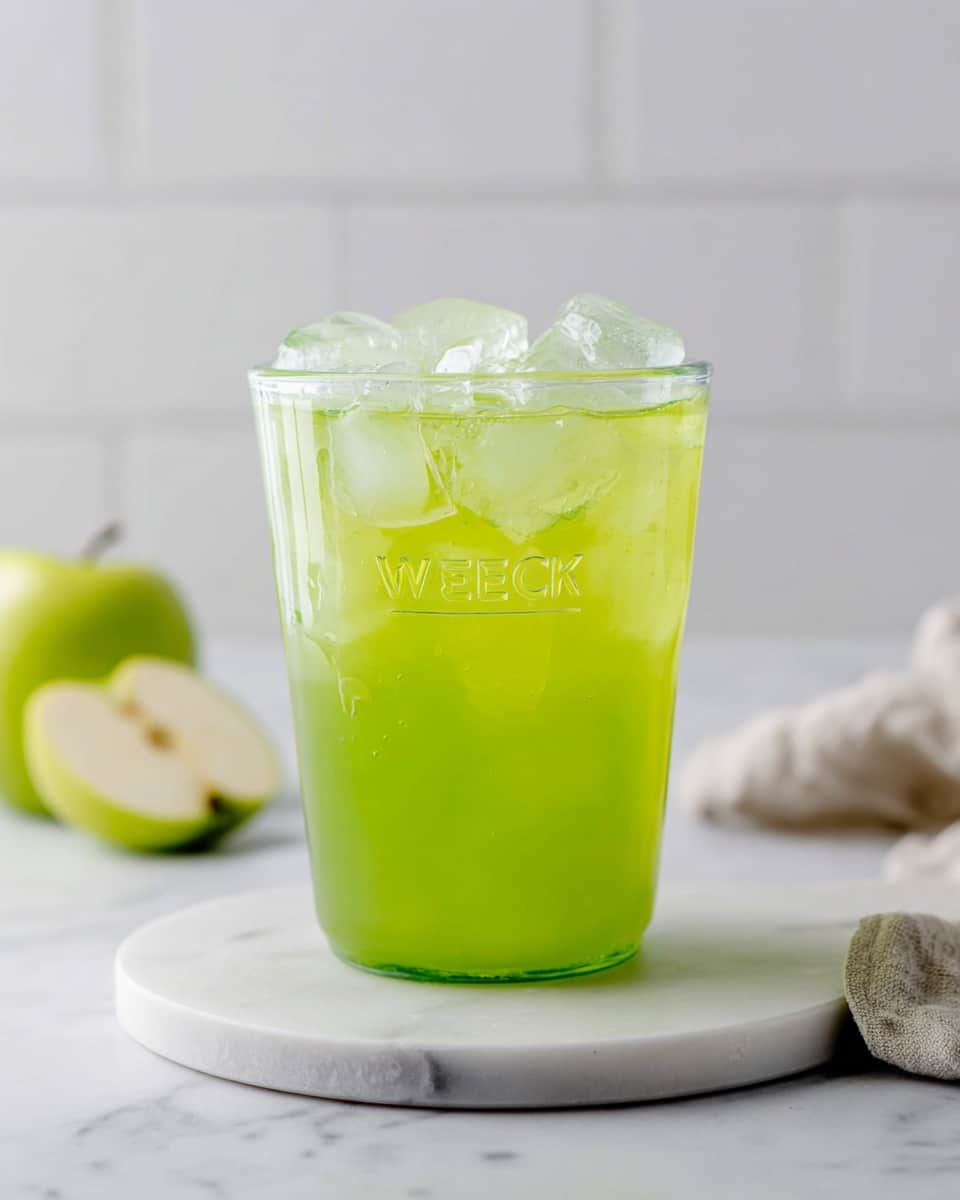 A clear glass cup filled with bright green liquid and large clear ice cubes filling the cup almost to the top, with the glass slightly frosted from the cold. The cup sits on a round white marble board, placed on a white marbled surface. In the background, there is a halved green apple on the left side and a blurred light-colored cloth on the right, against a soft white tiled wall. The glass has the word