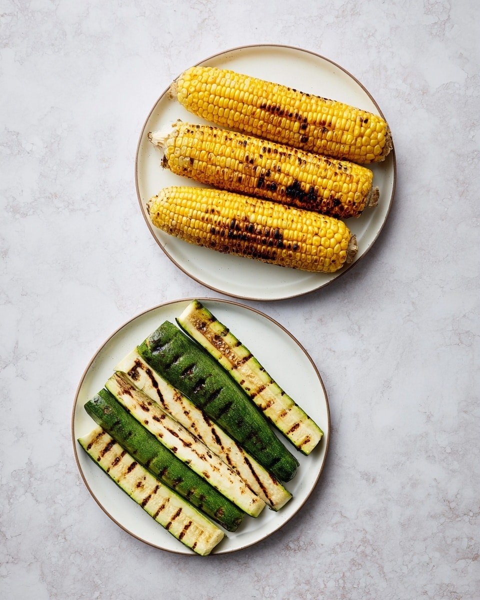 The image shows two white plates on a white marbled surface. The top plate holds three grilled corn cobs with golden yellow kernels and char marks, arranged side by side with the cob ends pointing outward. The bottom plate has five long grilled zucchini strips with dark grill lines, lined up next to each other, varying in shades of green and light cream from grilling. Both plates have simple, clean designs and are placed with some space between them. Photo taken with an iphone --ar 4:5 --v 7