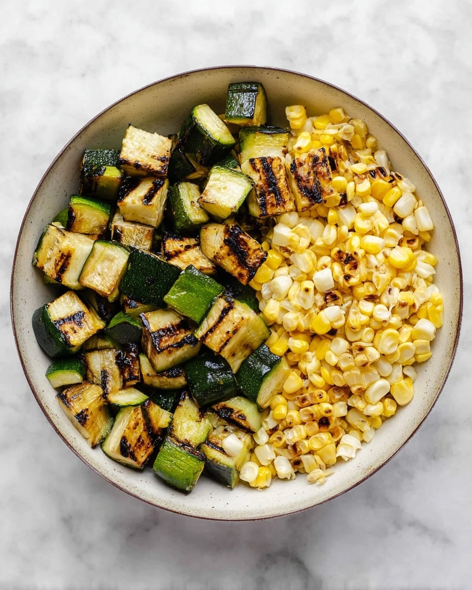 A white bowl filled with two layers of food, with grilled zucchini on the left side and grilled corn pieces on the right side. The zucchini is cut into medium-sized chunks, showing dark brown grill marks and green skin with pale green inside. The corn is cut into small sections, with yellow and white kernels, some lightly charred, giving a roasted look. The bowl is placed on a white marbled surface photo taken with an iphone --ar 4:5 --v 7