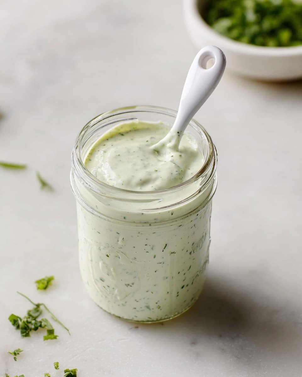 A clear glass jar filled with a creamy, light green sauce speckled with small bits of herbs, showing a smooth and slightly thick texture. A white spoon with a hole in its handle is placed inside the jar, leaning against the jar’s rim. The jar sits on a white marbled surface with a partially visible white bowl containing green chopped herbs blurred in the background to the left. A few small green herb pieces are scattered on the surface near the jar. The lighting is soft and natural, highlighting the fresh and homemade feel of the sauce. photo taken with an iphone --ar 4:5 --v 7