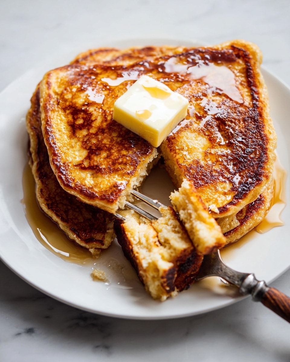 The image shows a white plate with three thick golden-brown pancakes stacked slightly overlapping. The top pancake has a small melting square of light yellow butter in the center, with syrup glistening over parts of the stack. The pancakes have a browned, textured surface that looks soft and fluffy. A silver fork with a wooden handle rests on the plate touching the edge of the bottom pancake, which has a small triangular piece cut off near the fork. The plate is set on a white marbled surface. photo taken with an iphone --ar 4:5 --v 7