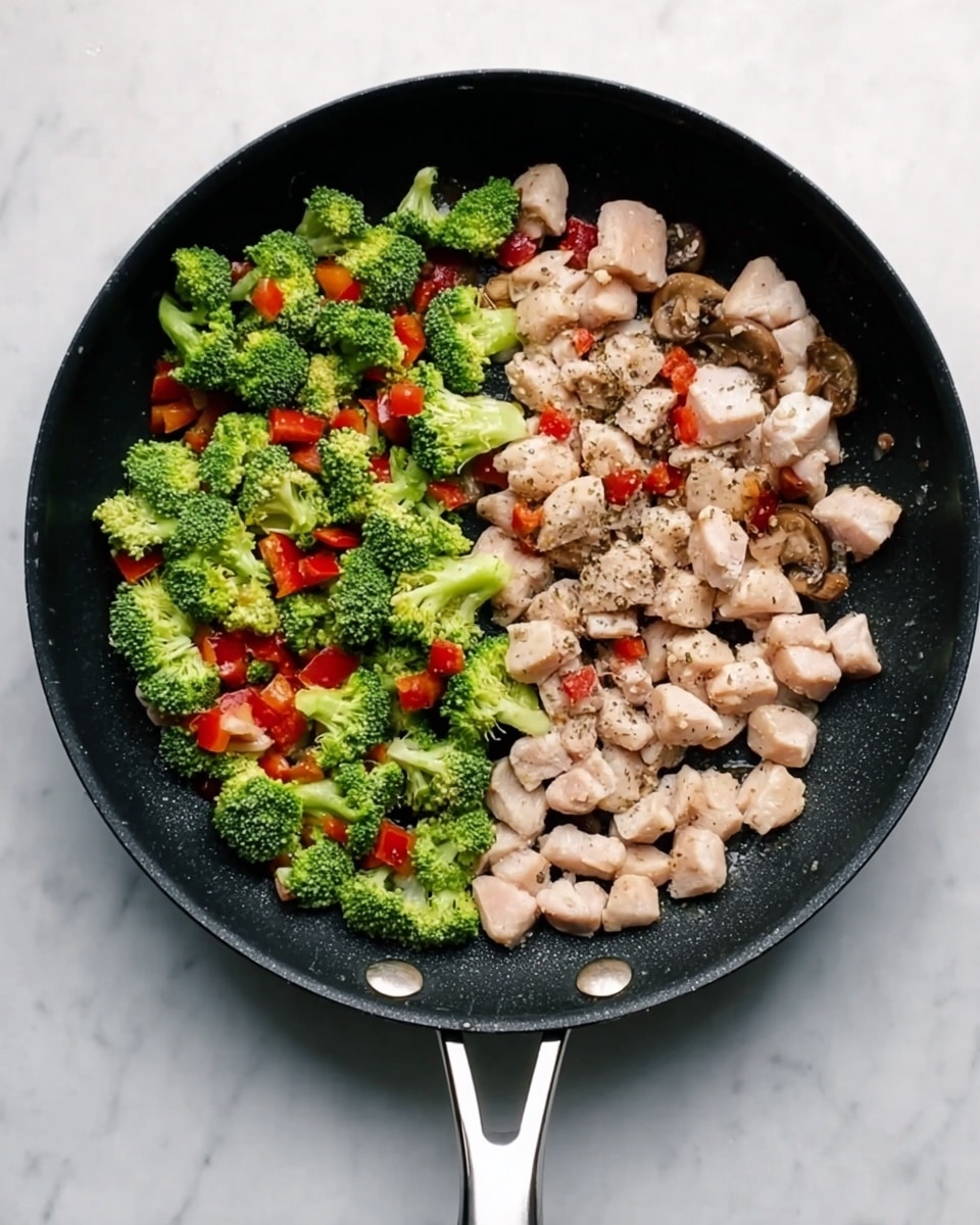 A black pan with a silver handle sits on a white marbled surface. Inside the pan, the left half is filled with bright green broccoli florets, small red bell pepper cubes, and light brown mushroom pieces. On the right half, there are small, pale pinkish-white chunks of chicken sprinkled with black pepper. The ingredients are neatly separated in the pan, creating a clear contrast between the colorful vegetables and the light-colored chicken. Photo taken with an iphone --ar 4:5 --v 7