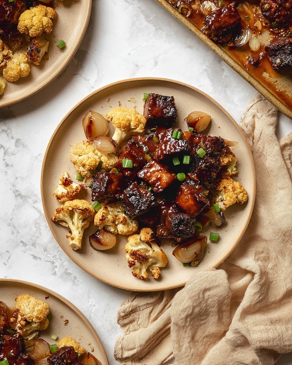 The image shows a round beige plate with two main layers of food. The bottom layer consists of small, lightly browned cauliflower pieces and whole cooked small onions with a slightly glossy texture, scattered unevenly around the plate. The top layer features dark brown glazed chunks of meat or tofu with a shiny, sauce-coated surface and some charring on the edges. A few small green chopped scallions are sprinkled on top. The plate is set on a white marbled surface with a crumpled beige cloth napkin nearby, and parts of two other similar plates and a baking dish with leftover sauce and vegetables can be seen around the main plate. photo taken with an iphone --ar 4:5 --v 7