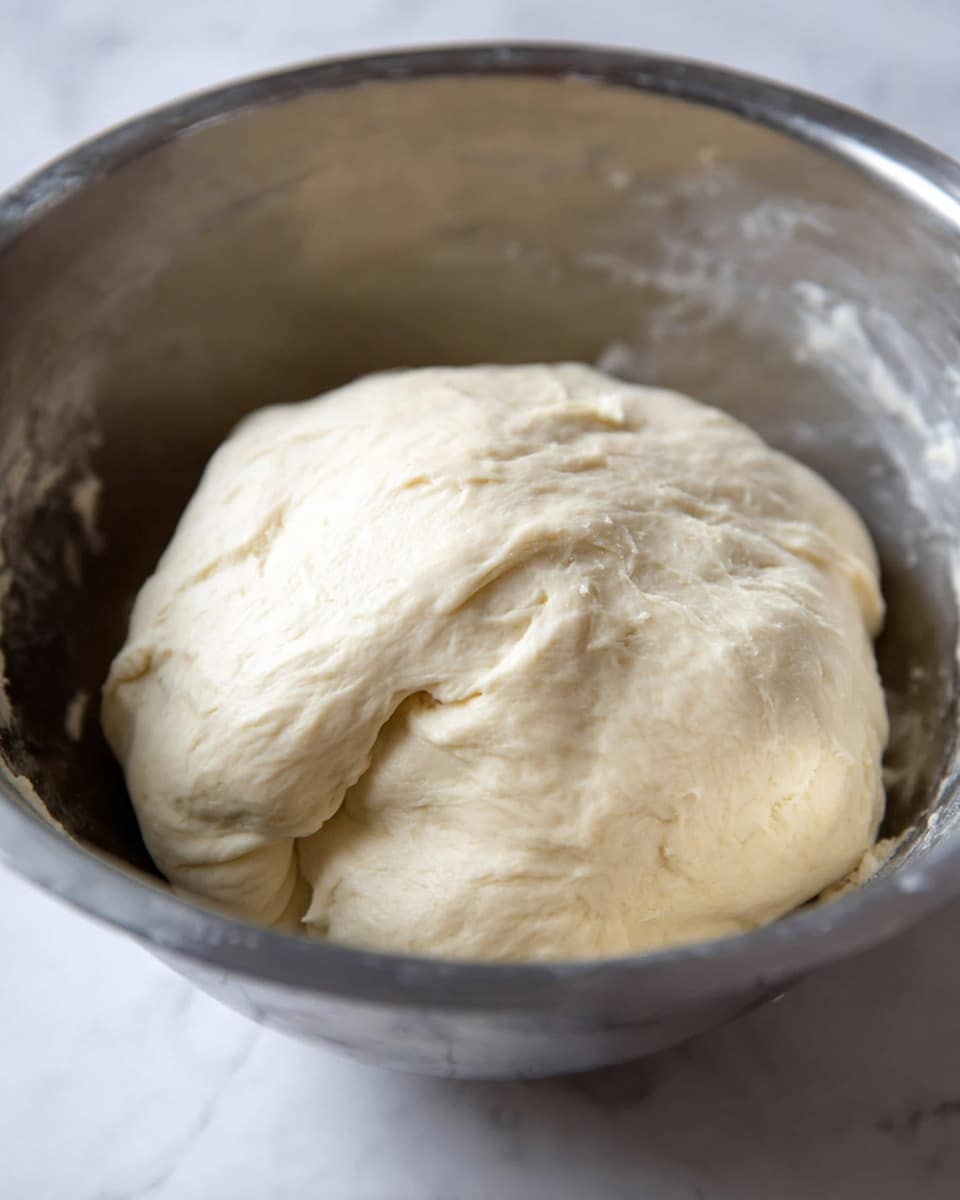 A large ball of pale beige dough with a soft, slightly wrinkled texture sits inside a deep silver metal bowl, which reflects some light. The dough is smooth but shows some small creases and folds, indicating it has been recently kneaded. The bowl is placed on a white marbled surface, and the image is focused closely on the dough and bowl edges. photo taken with an iphone --ar 4:5 --v 7
