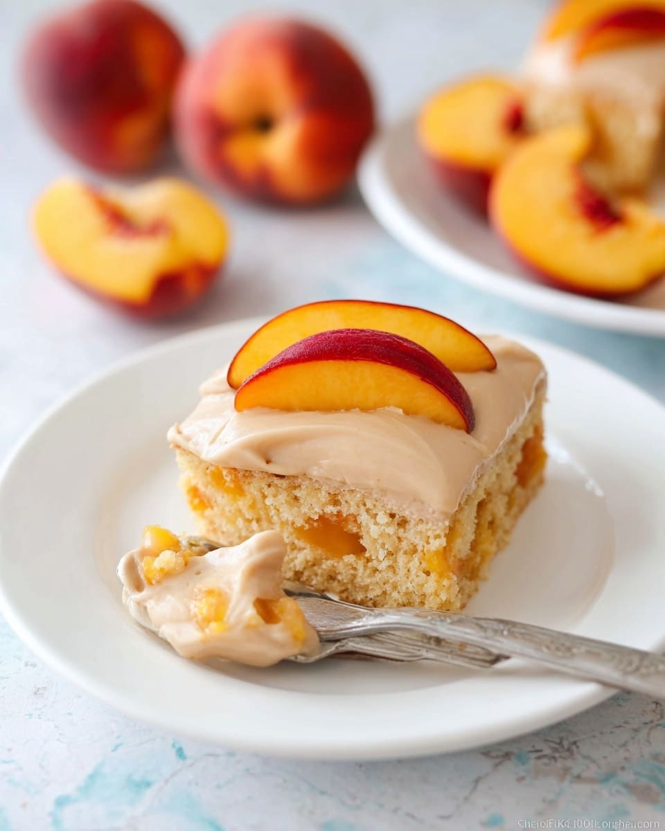 A single square piece of cake sits on a white plate with a silver fork holding a small bite of the cake in the foreground. The cake has two layers: the bottom layer is a light golden color with small chunks of peach visible inside, and the top layer is a smooth, creamy beige frosting covering the cake evenly. On top of the frosting is a small, crescent-shaped slice of bright yellow peach with a reddish edge. The background shows whole and halved fresh peaches on a white plate with a white marbled texture underneath all items. photo taken with an iphone --ar 4:5 --v 7