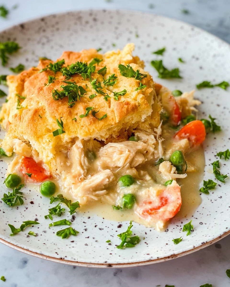 The dish shows a thick, golden-brown crust on top that looks soft and slightly crumbly, covering a creamy layer underneath. Below the crust, there is a mix of white pieces of chicken, bright orange carrot slices, and green peas, all coated in a light, creamy sauce. Sprinkled on top and around the plate are small bits of fresh green parsley, adding a fresh touch. The food is served on a white plate with small dark speckles, placed on a white marbled surface. photo taken with an iphone --ar 4:5 --v 7