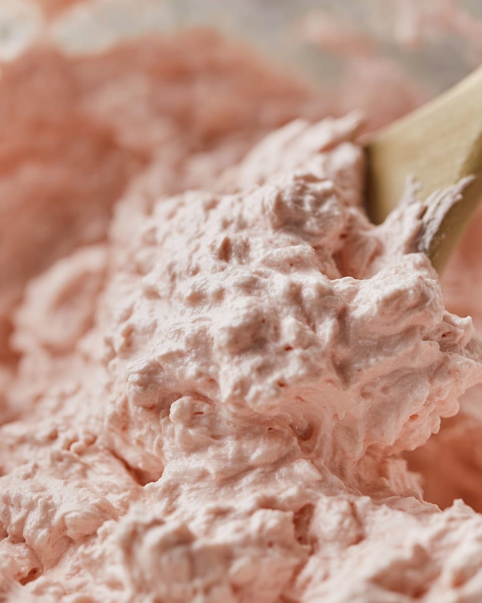 A close-up view of a thick, fluffy mixture that is light pink in color, showing a creamy, textured consistency with small chunks throughout. A light wooden spoon is partially visible on the right side, stirring the mixture gently. The setting features a white marbled surface in the soft, out-of-focus background. The details highlight the softness and lightness of the blend, with a slightly glossy finish. photo taken with an iphone --ar 4:5 --v 7